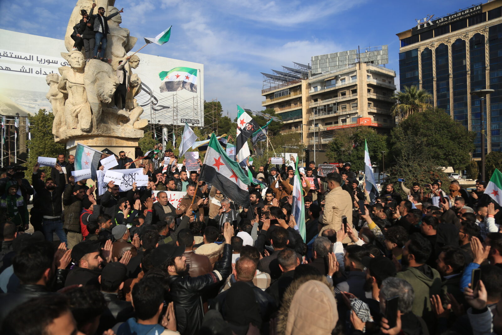 Syrians gather in Sadullah Jabiri Square in Aleppo, Syria, on February 3, 2025, to condemn a car bomb attack carried out by the PKK/YPG in Manbij, Syria on February 3, 2025. (AA Photo)