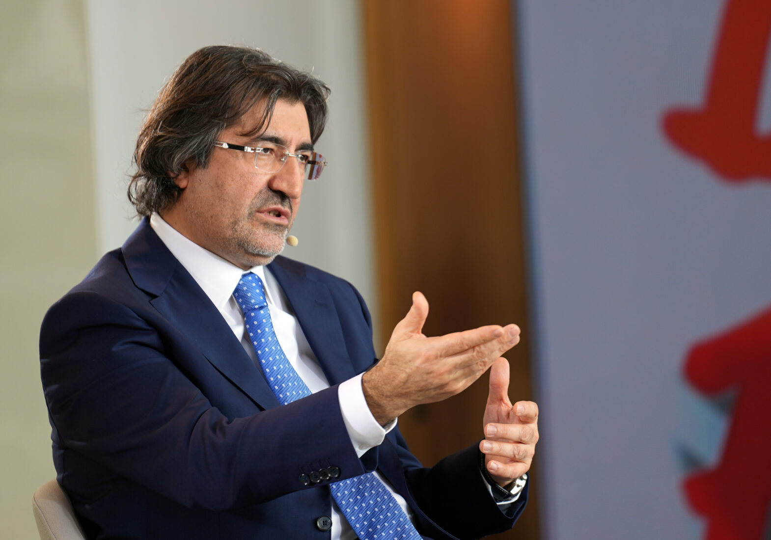 The Chairman of the Board of the Banks Association of Türkiye (TBB) and General Manager of Ziraat Bank, Alpaslan Cakar, answers questions at Anadolu Agency’s (AA) Finance Desk, organized with contributions from Istanbul Financial Center in Türkiye, on Feb. 4, 2025. (AA Photo)