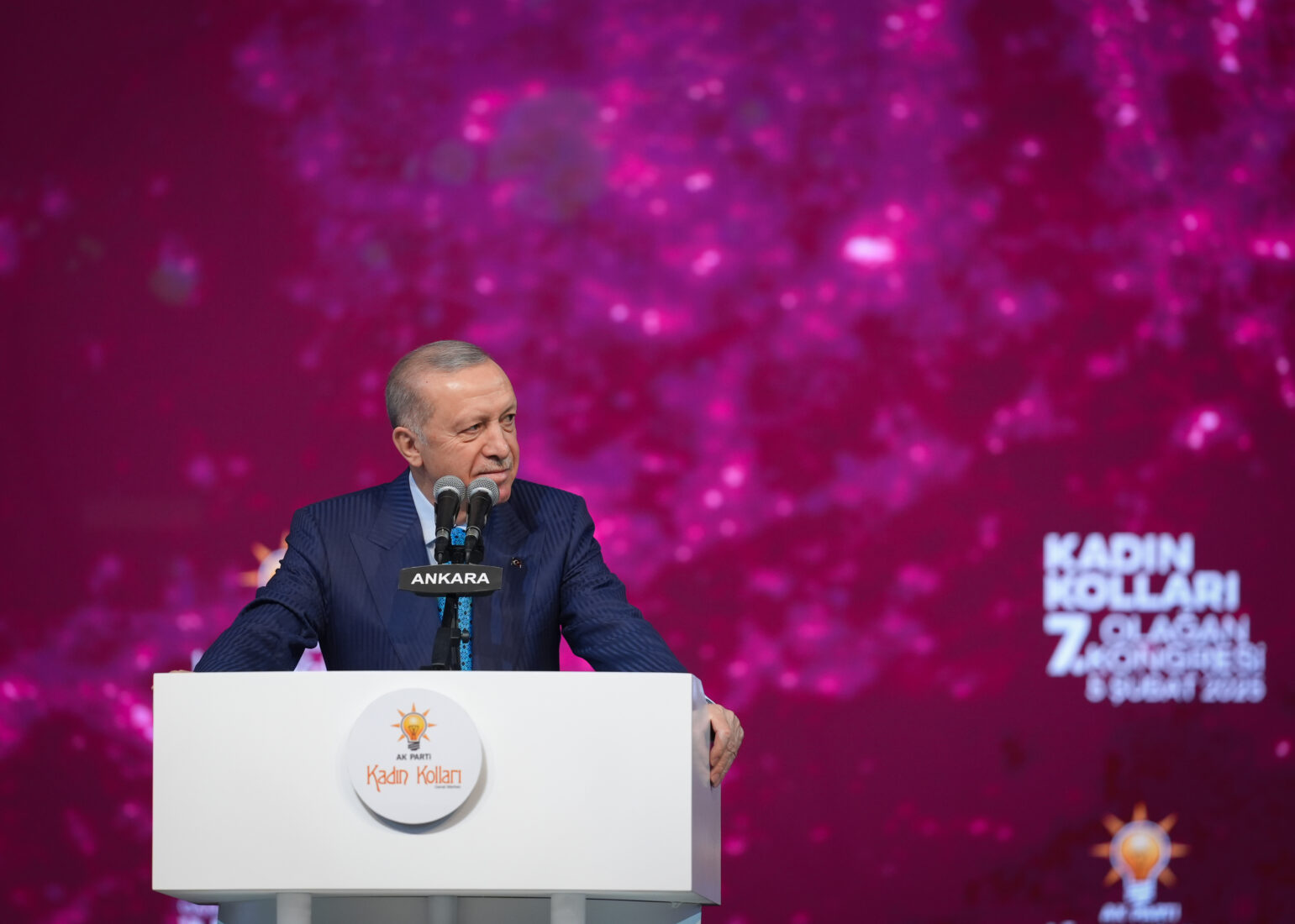 President and AK Party Chairman Recep Tayyip Erdogan speaks during the 7th Ordinary Congress of AK Party Women's Branches at Ankara Sports Hall on Feb.5, 2025, in Ankara, Türkiye. (AA Photo)