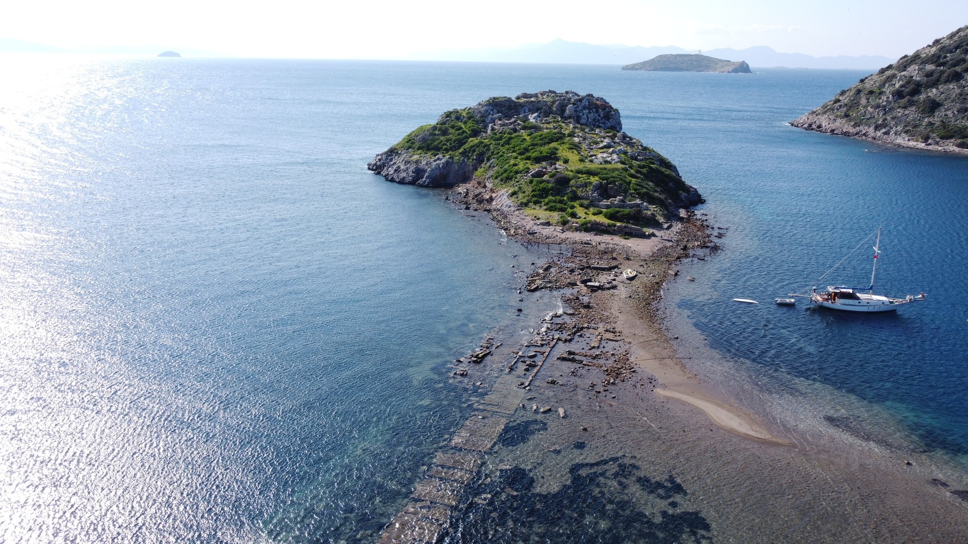 Historic walls revealed on Tavsan Island as Aegean Sea recedes in Bodrum