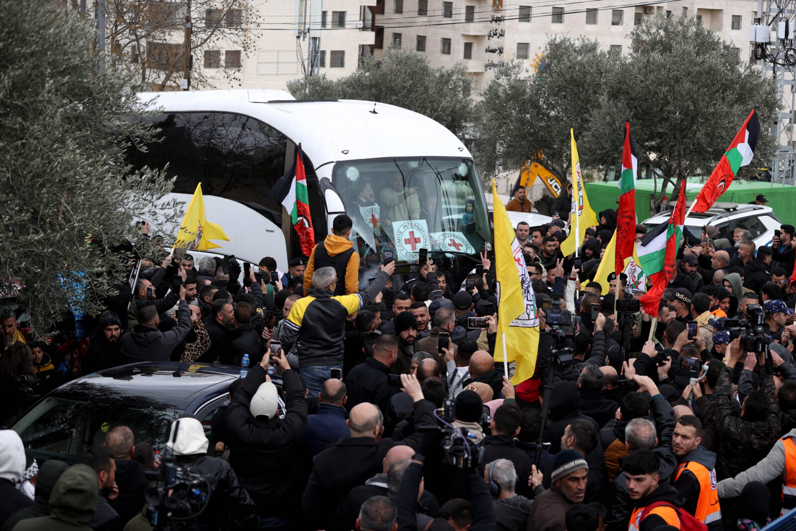 Palestinians released by Israel during the fifth round of prisoner-hostage swap between Hamas and Israel, return to their families after taken by the International Committee of the Red Cross' buses, in Ramallah, West Bank, Feb. 8, 2025. (AA Photo)