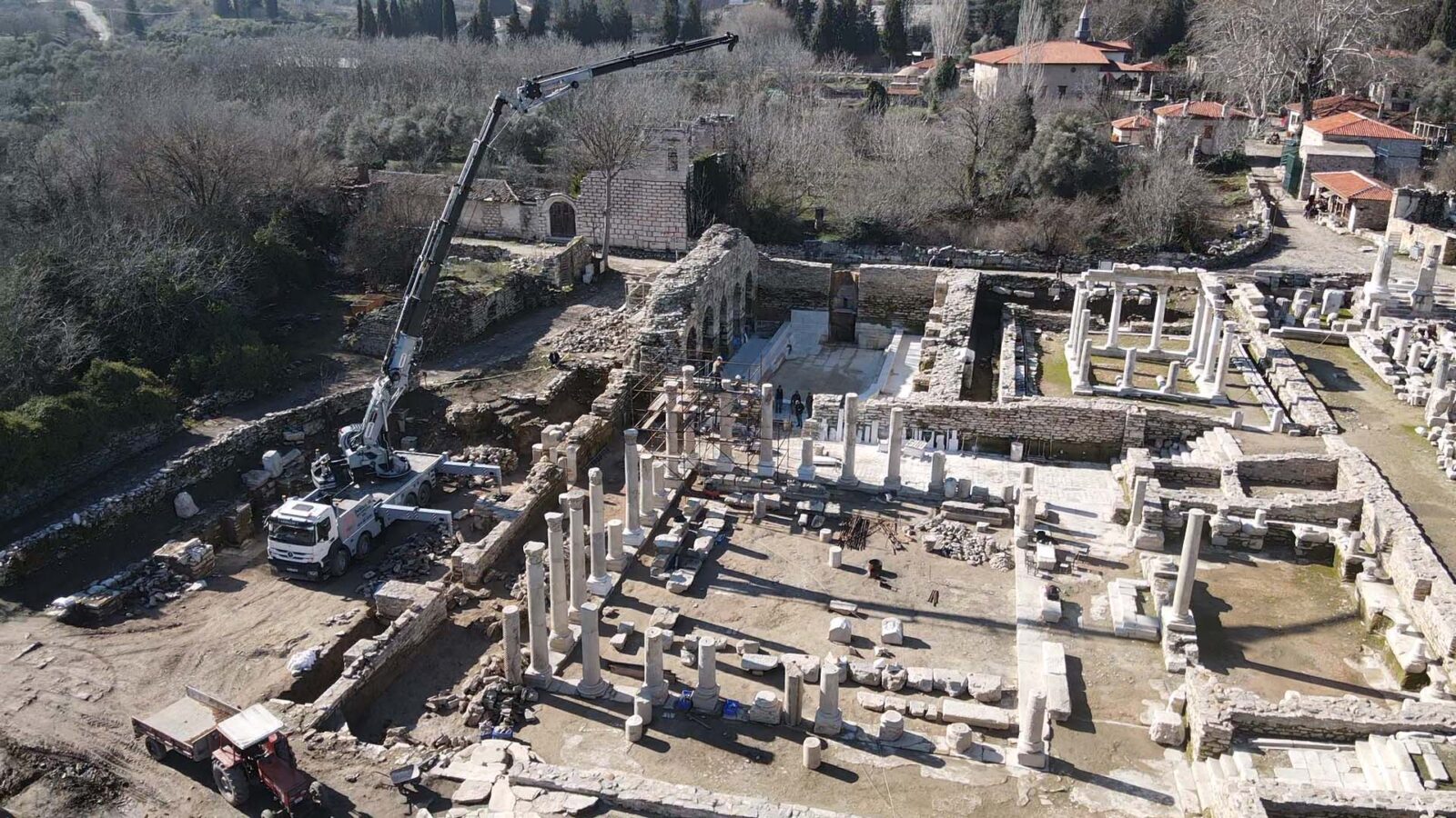 An aerial view of the excavation works carried out in the courtyard of the Roman bath of the ancient city of Stratonikeia in the Yatagan district of Mugla, Türkiye, Feb.7, 2025. (AA Photo)