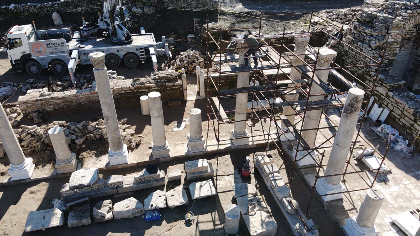 An aerial view of the excavation works carried out in the courtyard of the Roman bath of the ancient city of Stratonikeia in the Yatagan district of Mugla, Türkiye, February 07, 2025. (AA Photo)