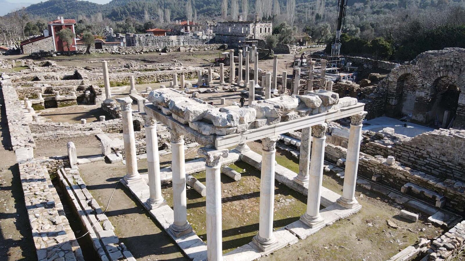 An aerial view of the excavation works carried out in the courtyard of the Roman bath of the ancient city of Stratonikeia in the Yatagan district of Mugla, Türkiye, Feb.7, 2025. (AA Photo)