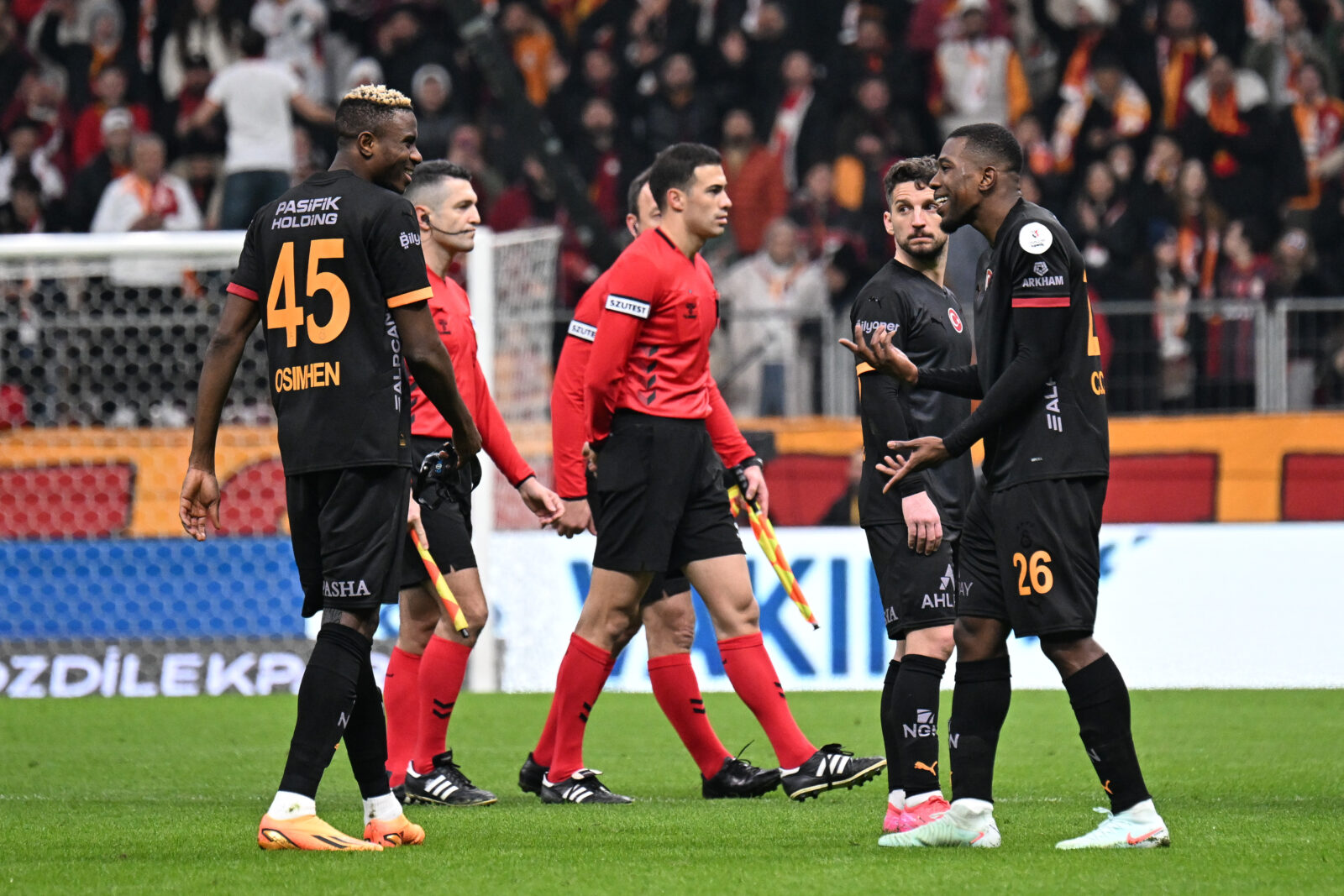 Players of Galatasaray are seen after Adana Demirspor players walked off the pitch during the Turkish Super Lig 23rd week football match at RAMS Park in Istanbul, Türkiye, Feb. 9, 2025.
