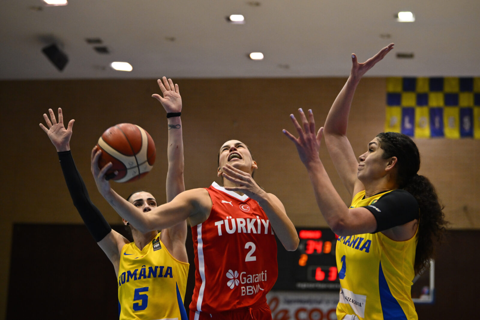 Sevgi Uzun (2) of Türkiye in action during the FIBA Women's Eurobasket Qualifiers game between Romania and Türkiye in Olympia Sports Hall, Ploiesti, Romania, 09 Feb. 2025.