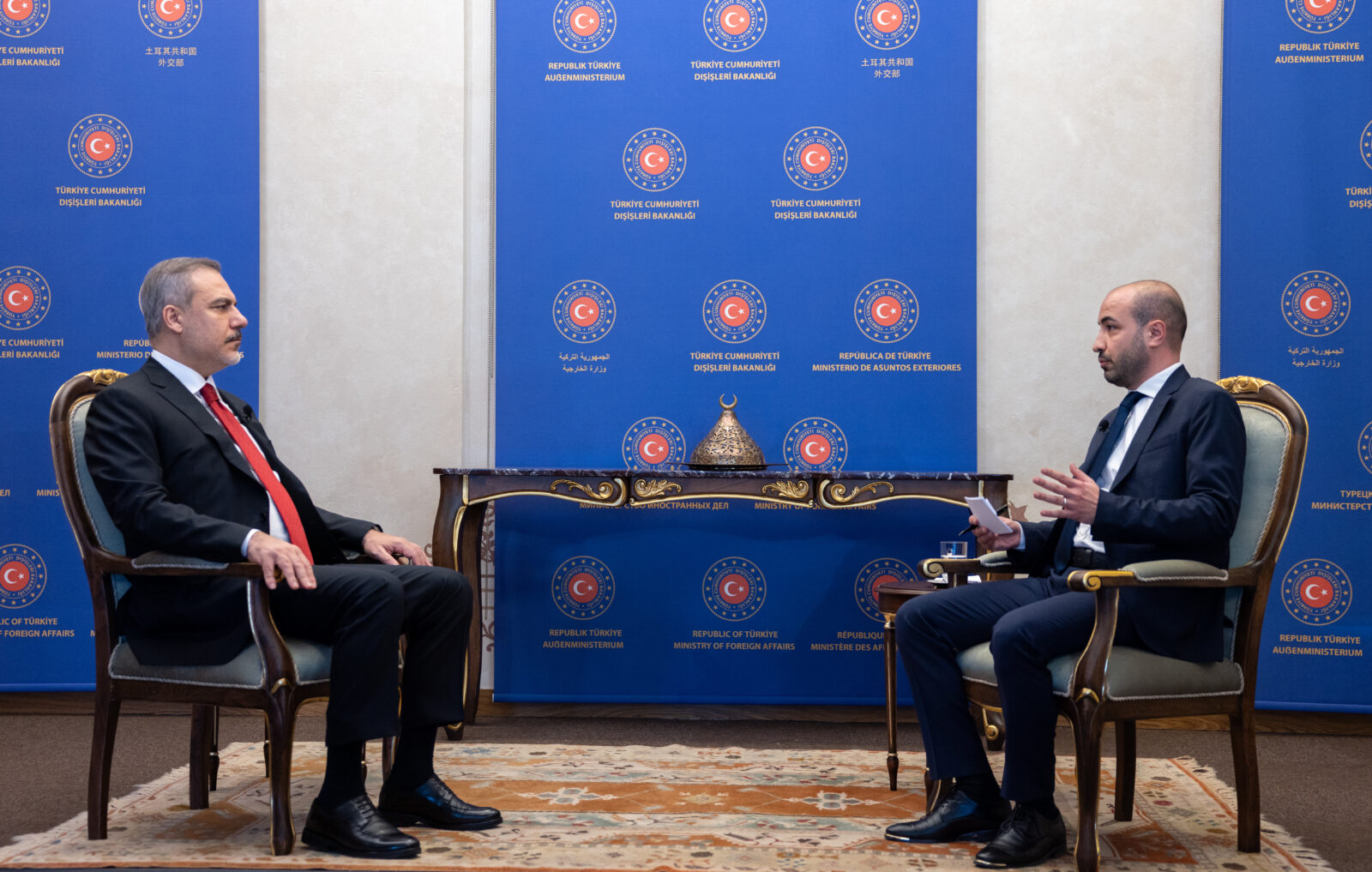 FM Hakan Fidan (L) makes statement and comments on the cease-fire in Gaza and the Israeli-Palestinian conflict to Palestinian Television in an interview in Istanbul, Türkiye, Feb. 08, 2025. (AA Photo)