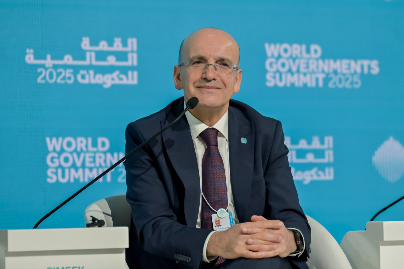 Türkiye's Treasury and Finance Minister Mehmet Simsek, delivers a speech on a panel entitled 