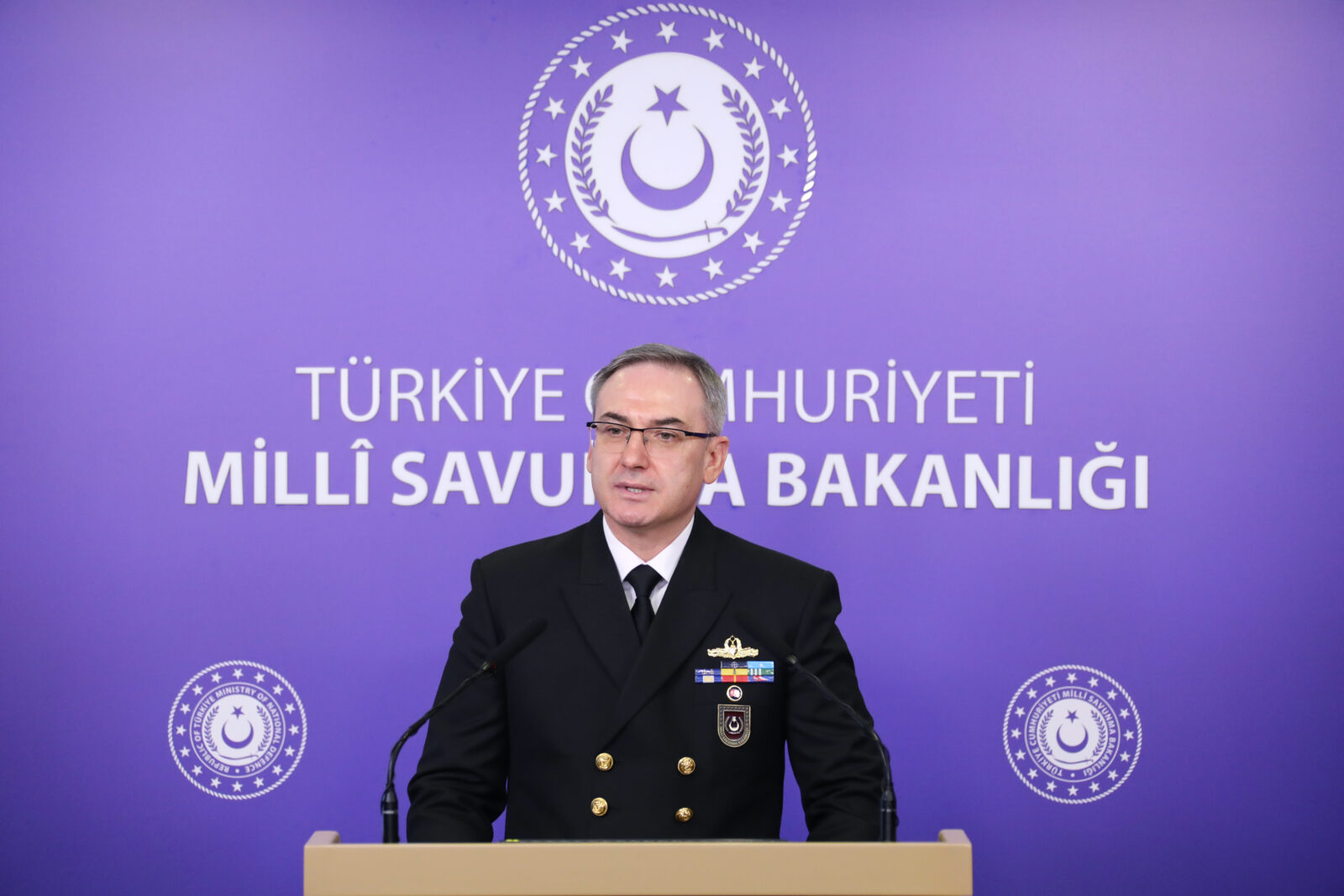 Rear Admiral Zeki Akturk, press and public relations advisor of the Ministry of National Defense, made statements at a press briefing held at the ministry headquarters. (AA Photo)