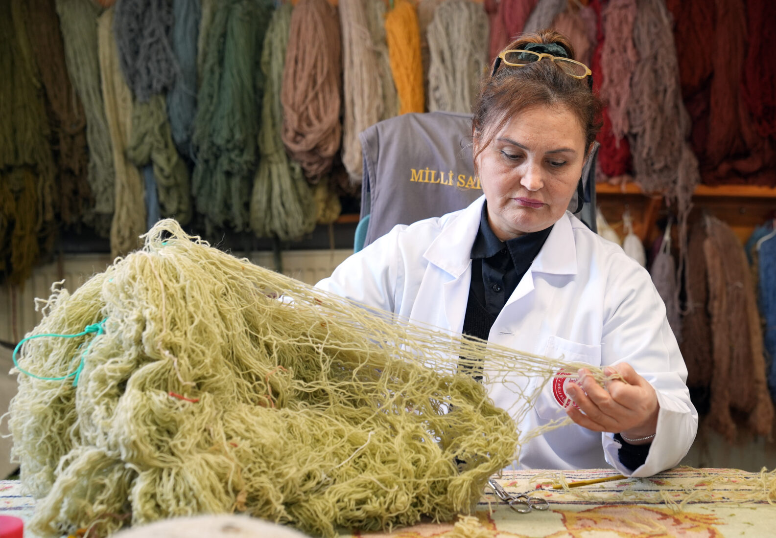 A meticulous restoration is underway to make two 200-year-old palace carpets, exquisite pieces of Ottoman palace culture, display-ready again, Istanbul, Feb. 13, 2025. (AA Photo)