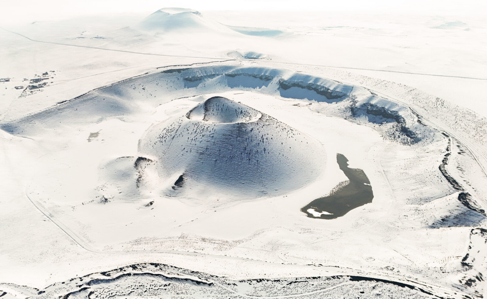 An aerial view of the snow-covered Lake Meke during winter in the Karapinar district of Konya, Türkiye, Feb. 14, 2025. (AA Photo)
