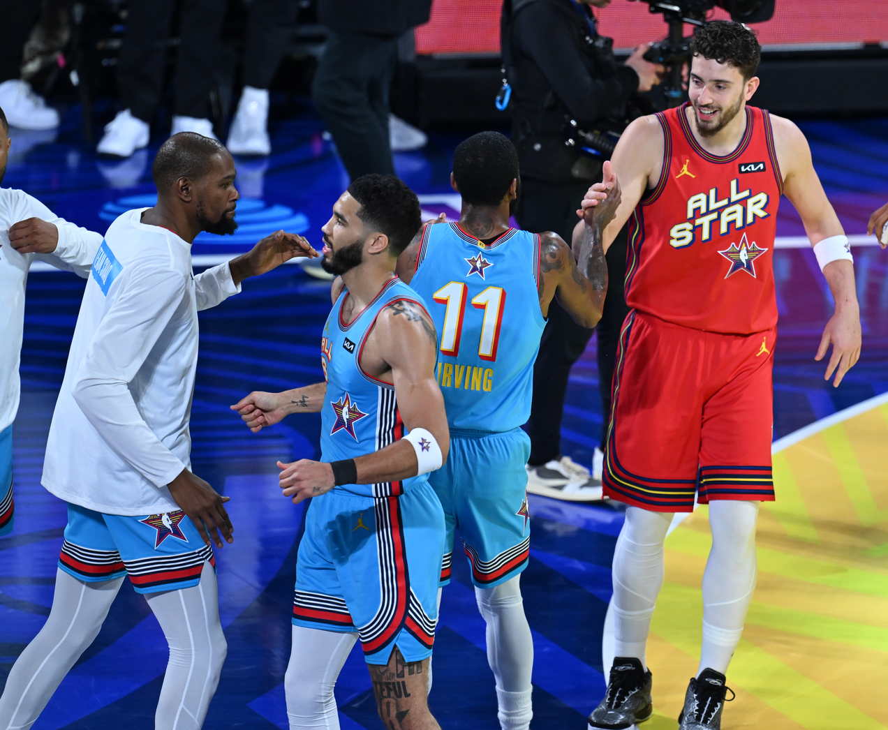 Kevin Durant (left), Jayson Tatun (2nd left), Kyrie Irving (11) and Alperen Sengun are seen after the game between team Shaq's OGs and team Chuck's Global Stars during 2025 NBA All-Star night at Chase Center in San Francisco, California, United States on Feb. 16, 2025. (AA Photo)