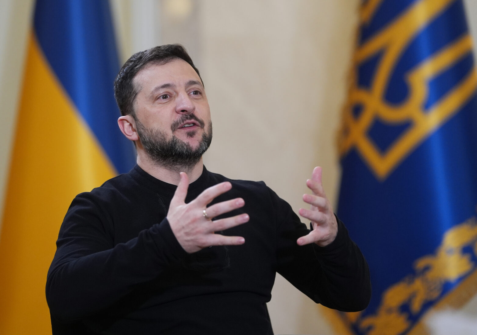Ukrainian President Volodymyr Zelenskyy answers the questions of press members at Esenboga Airport before leaving the country in Ankara, Türkiye, Feb. 18, 2025. (AA Photo)