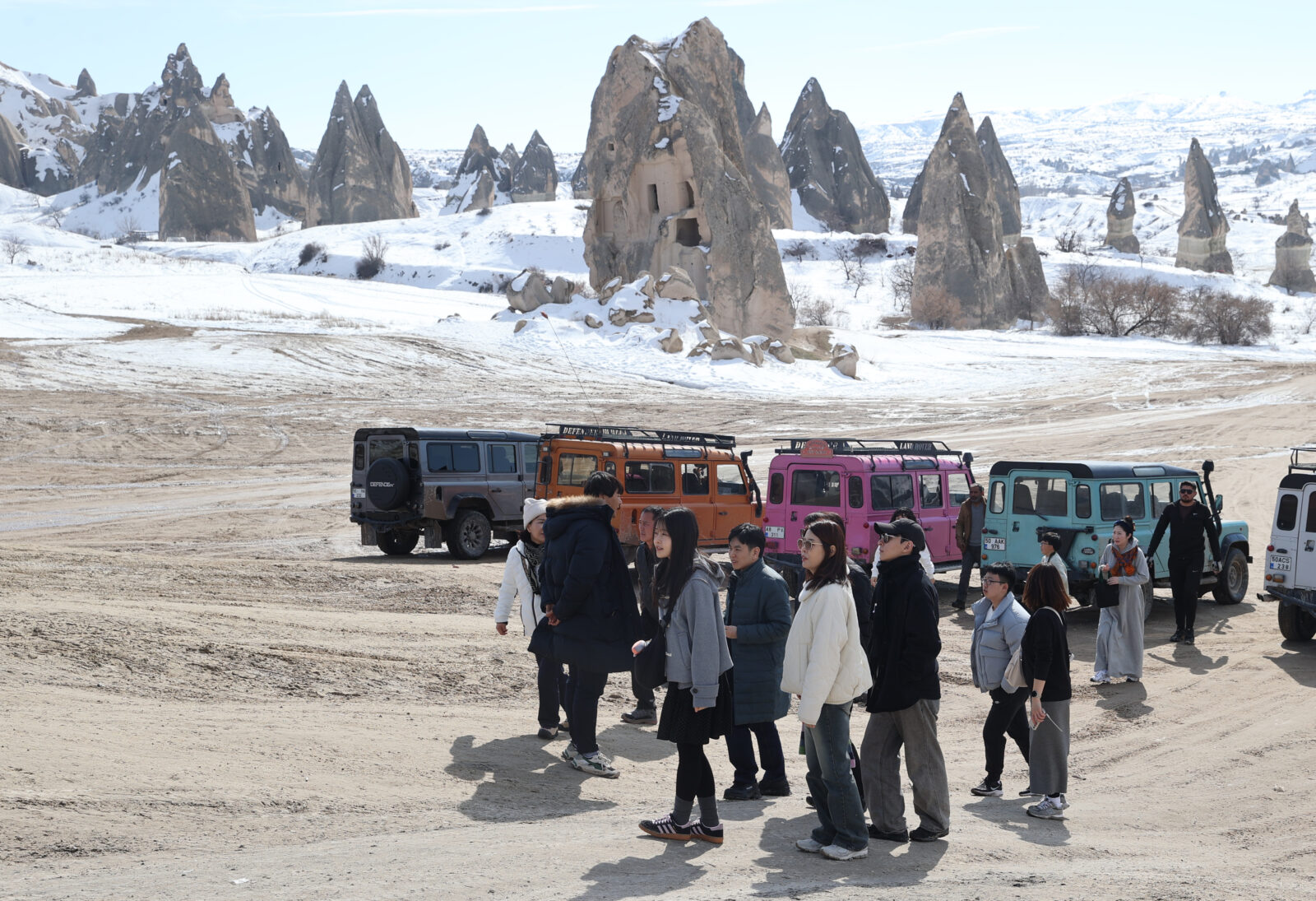 Local and international tourists explore the region on a jeep safari in Cappadocia after bad weather conditions prevent hot air balloon flights in Nevsehir, Türkiye, February 17, 2025. (AA Photo)