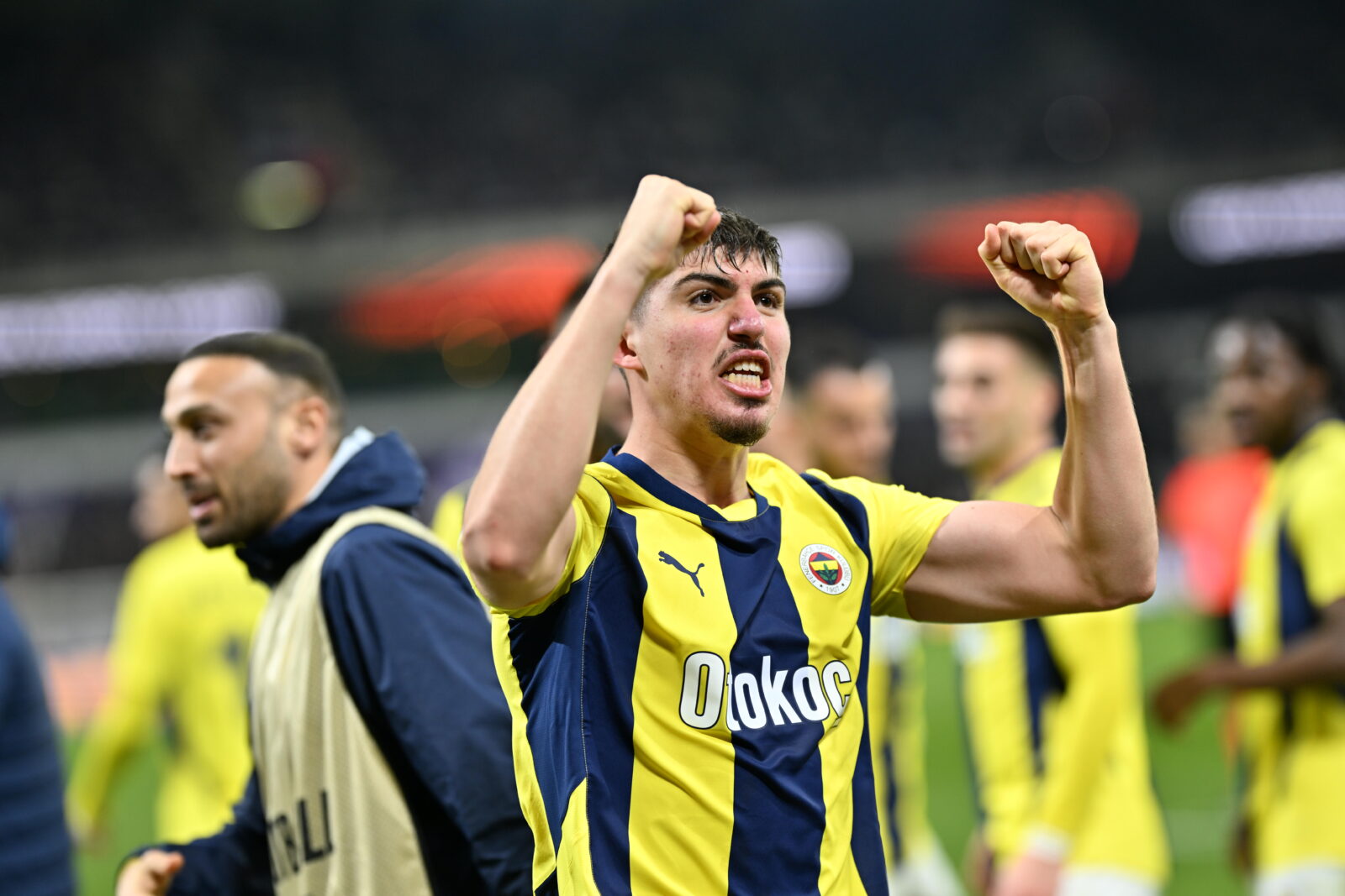 Yusuf Akcicek of Fenerbahce celebrates after scoring a goal during the UEFA Europa League knockout play-off football match between Anderlecht and Fenerbahce at Lotto Park in Brussels, Belgium, Feb. 20, 2025. (AA Photo)