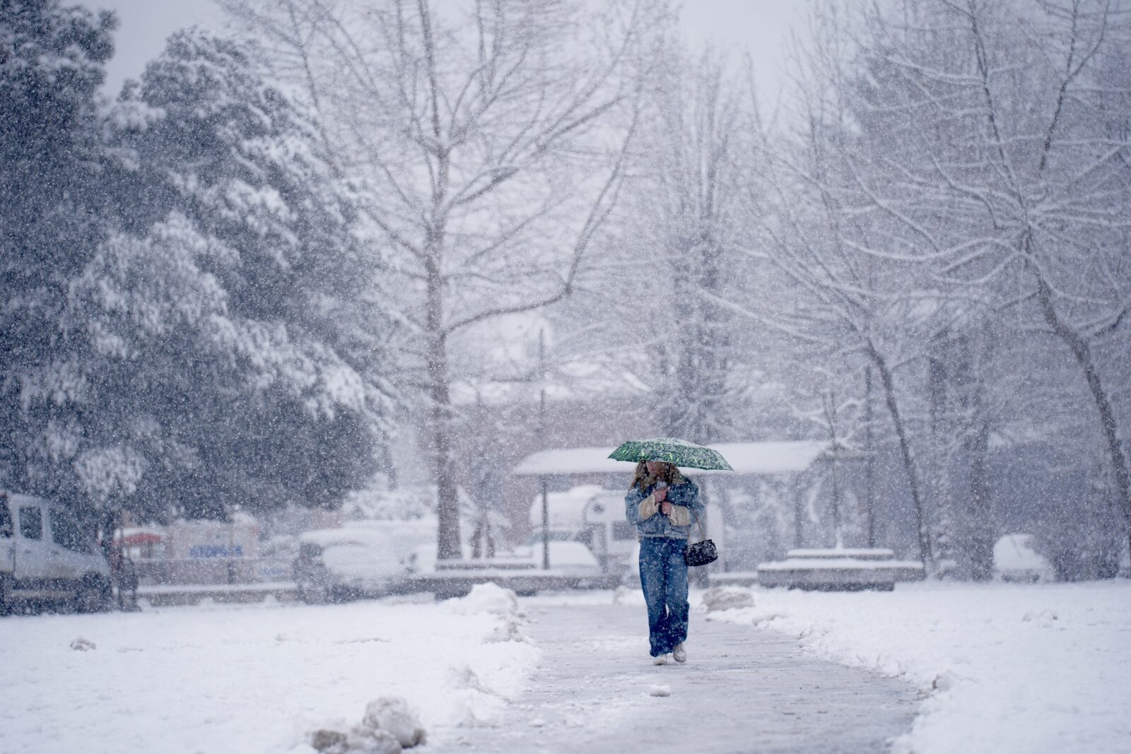 People walk through the snowfall during winter in Duzce, Türkiye, Feb. 21, 2025. (AA Photo)