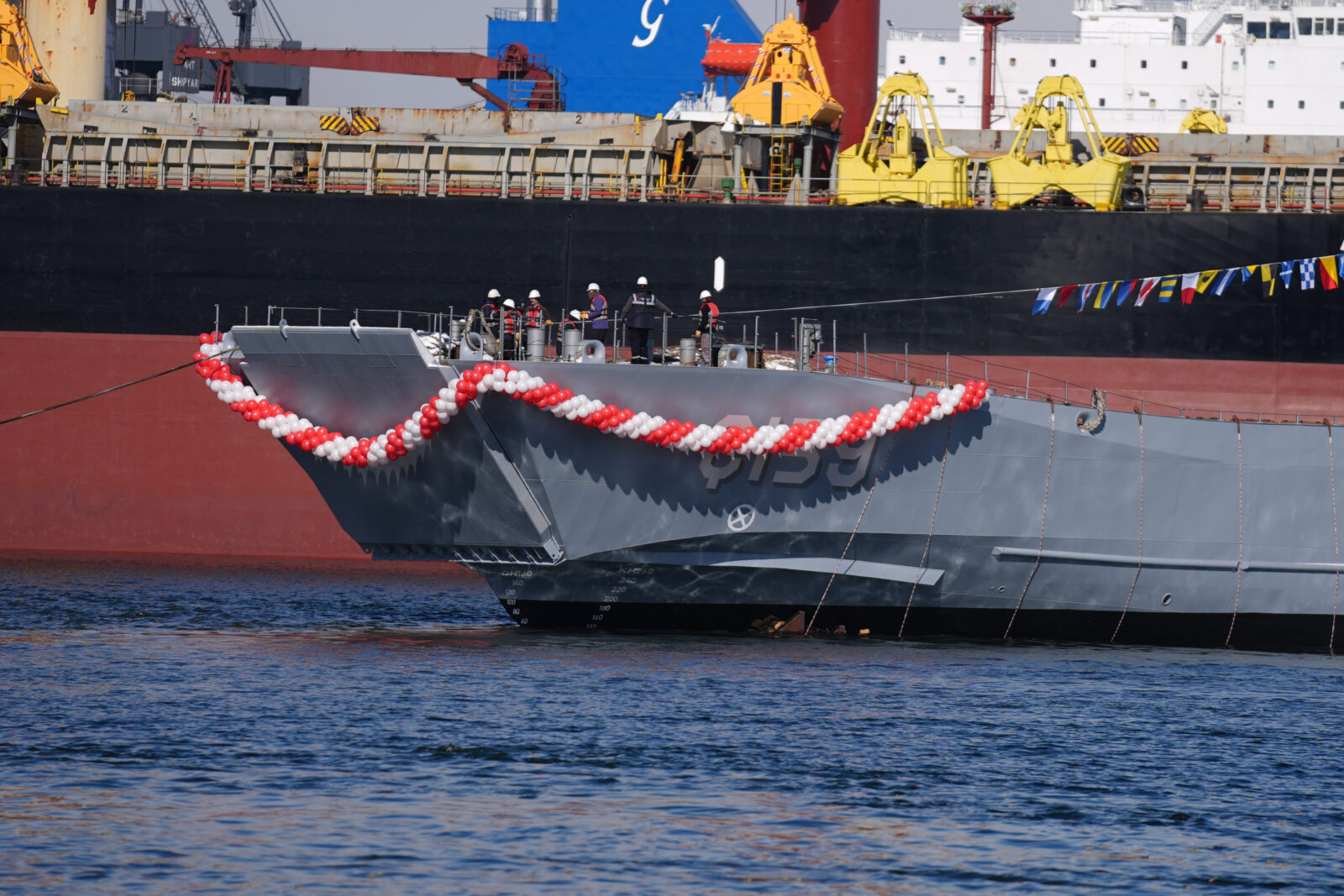 The New Type Landing Ship (YLCT) C-159 is being launched with a ceremony held at Anadolu Shipyard in Istanbul, Turkiye on Feb. 22, 2025. (AA Photo)