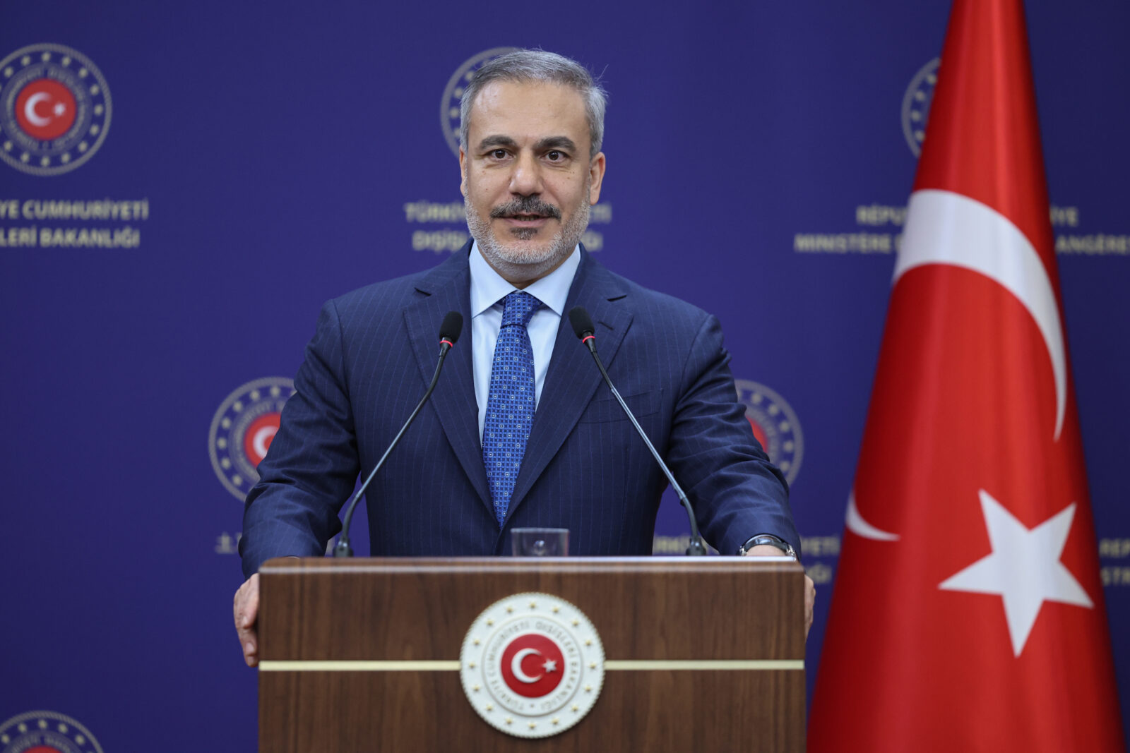 Foreign Minister Hakan Fidan and Albanian Minister for Europe and Foreign Affairs Igli Hasani (not seen) hold a joint press conference after their meeting in Ankara, Türkiye on Feb. 27, 2025. (AA Photo)
