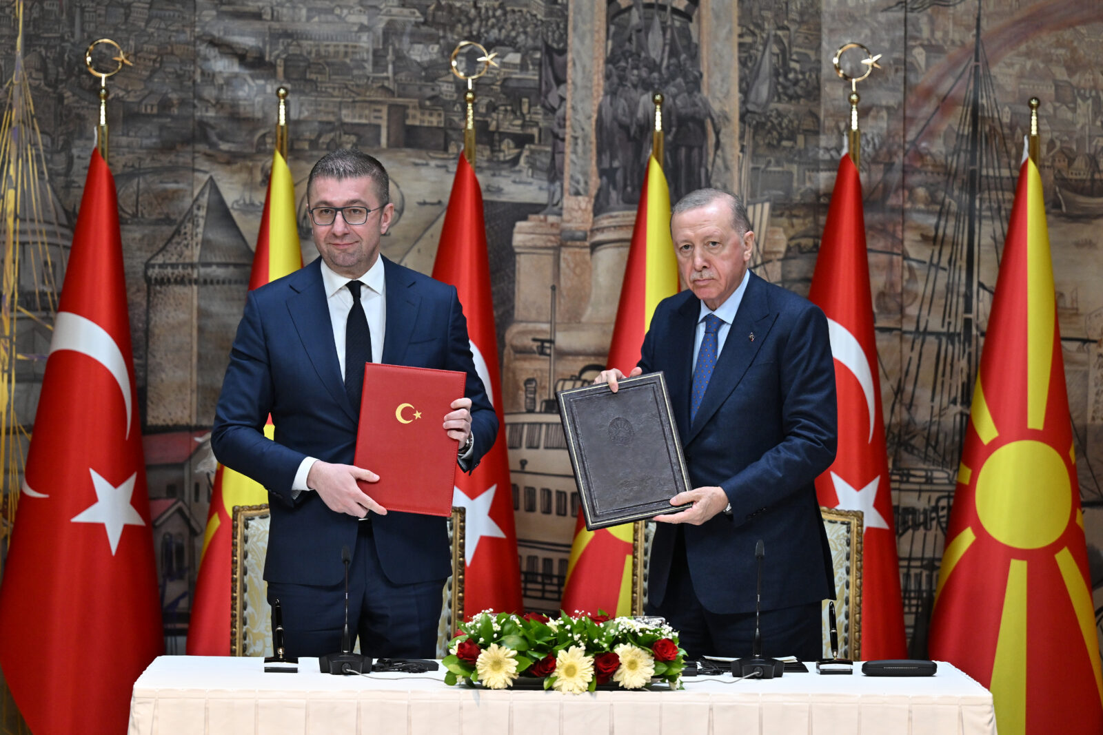 President Recep Tayyip Erdogan (R) and Prime Minister of North Macedonia Hristijan Mickoski (L) pose for a photo during Signing Ceremony of Joint Political Communique and Joint Press Conference at the Dolmabahce Presidential Office in Istanbul, Türkiye on February 28, 2025. (AA Photo)