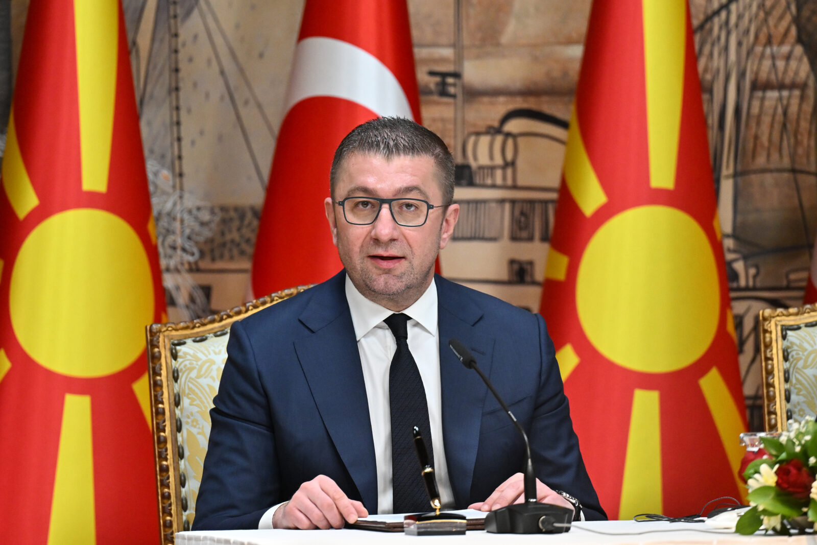 PM of North Macedonia Hristijan Mickoski delivers a speech during Signing Ceremony of Joint Political Communique and Joint Press Conference with President Recep Tayyip Erdogan (not seen) at the Dolmabahce Presidential Office in Istanbul, Türkiye on February 28, 2025. (AA Photo)