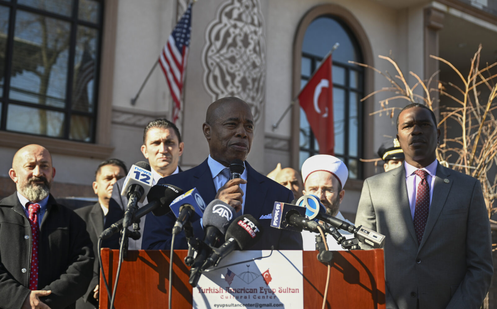 New York City Mayor Eric Adams speaks during a visit to a Turkish mosque in Brooklyn where humanitarian donations are being collected for victims of the earthquakes centered in Kahramanmaras in southern Türkiye on February 10, 2023. (AA Photo)
