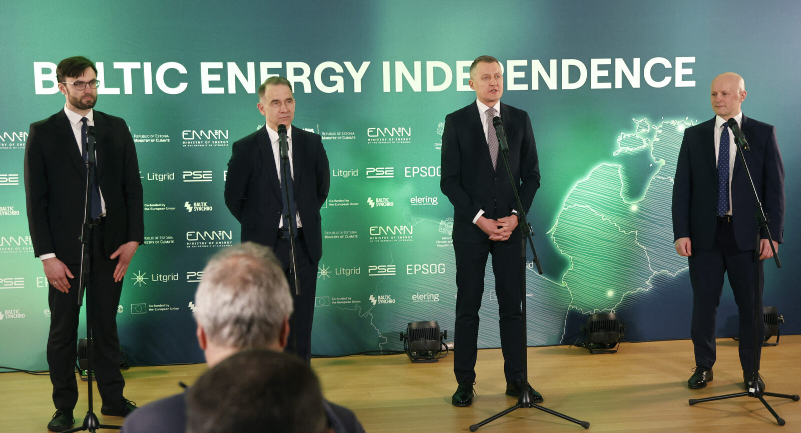 Litgrid System Management Department Head Donatas Matelionis, head of Lithuanian electricity transmission system operator Litgrid Rokas Masiulis, Lithuanian Minister of Energy Zygimantas Vaiciunas and state-owned group of energy transmission and exchange companies EPSO-G Head Mindaugas Keizeris attend a press conference on the disconnection of the Baltic States from the IPS / UPS electricity grid system in Vilnius, Lithuania, on Feb. 8, 2025. (AFP Photo)