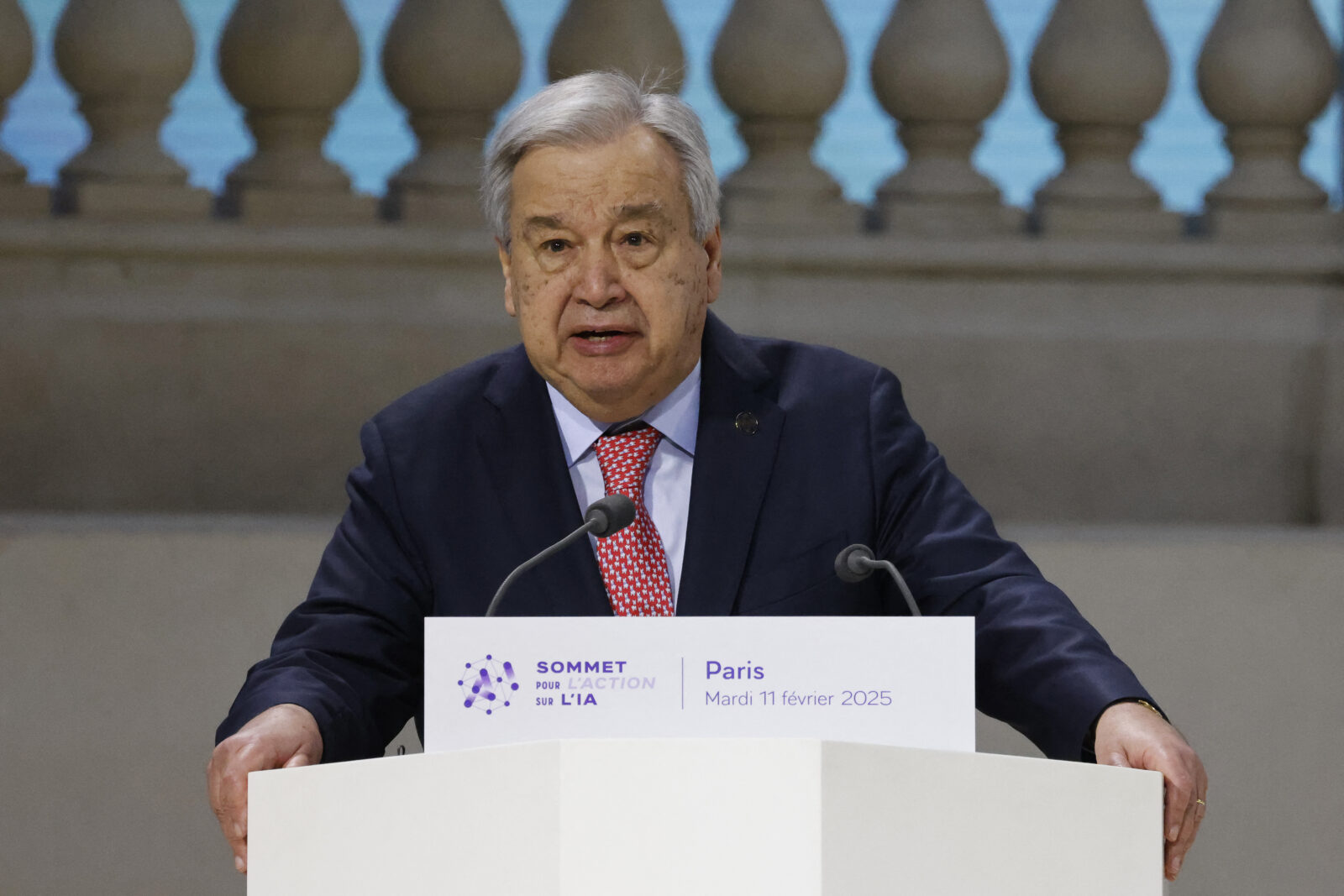 Secretary-General of the United Nations Antonio Guterres speaks during a plenary session at the Artificial Intelligence (AI) Action Summit, at the Grand Palais, Paris, Feb. 11, 2025. (AFP Photo)