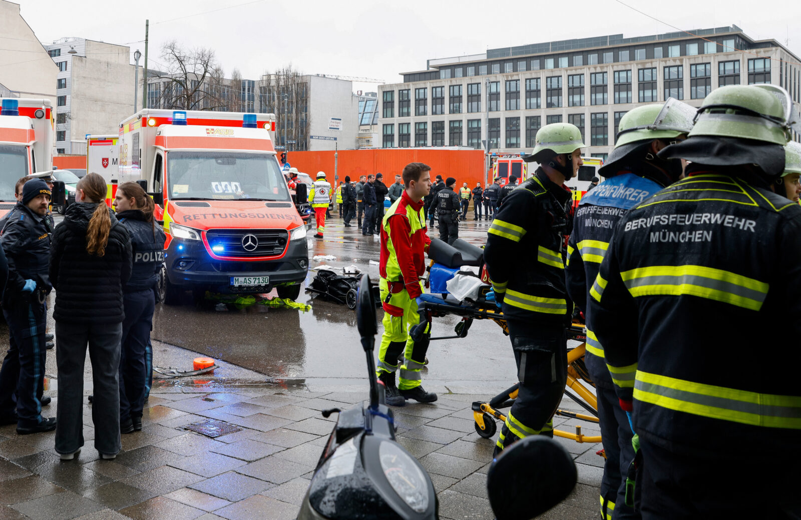 Members of the emergengy services work at the scene where a car drove into a crowd in the southern German city of Munich on February 13, 2025 leaving several people injured, police said. (AFP Photo)