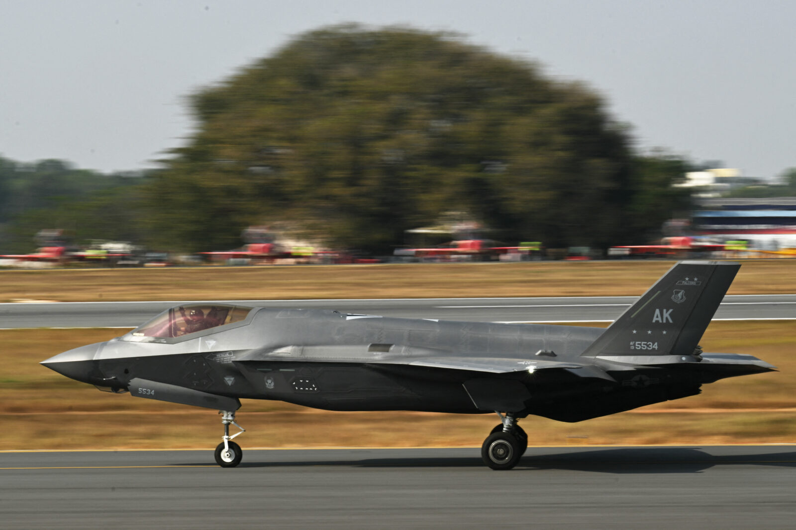 The U.S. Air Force's F-35 fifth-generation fighter aircraft lands on the tarmac during the 15th edition of Aero, India, 2025 at Yelahanka Air Force Station in Bengaluru on February 14, 2025. (AF Photo)