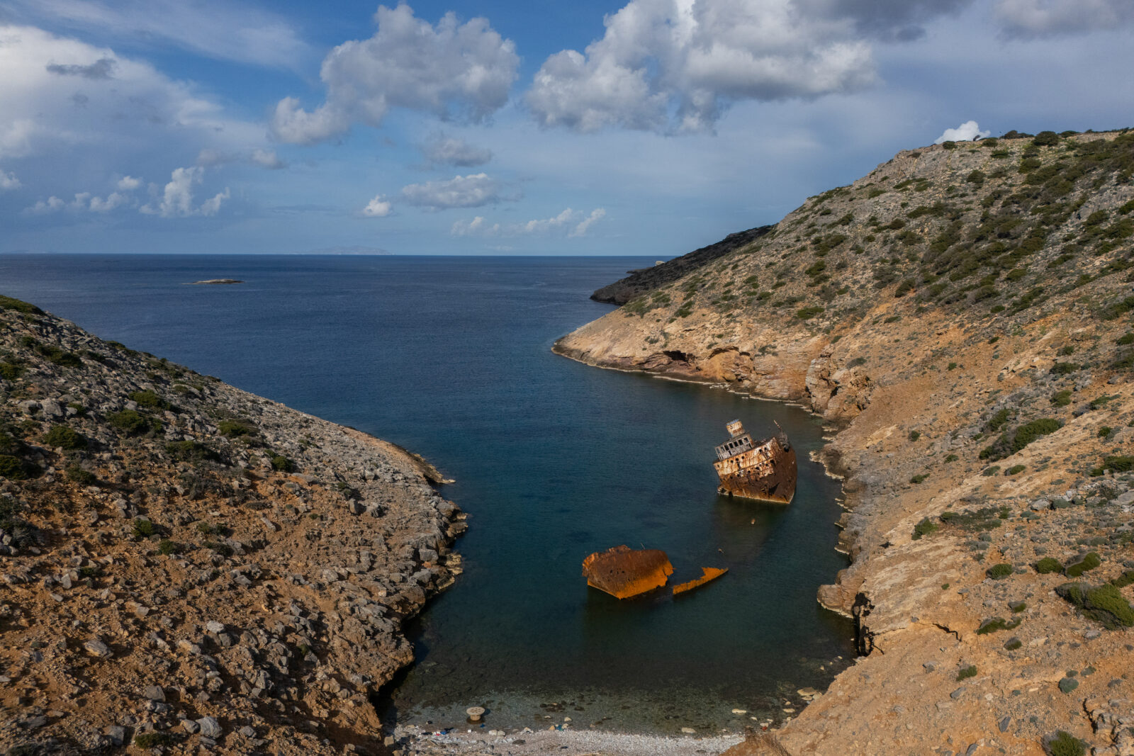 An aerial view shows a creek and the shipwreck of Olympia on the Greek island of Amorgos, in the Aegean Sea, Feb. 15, 2025. (AFP Photo)