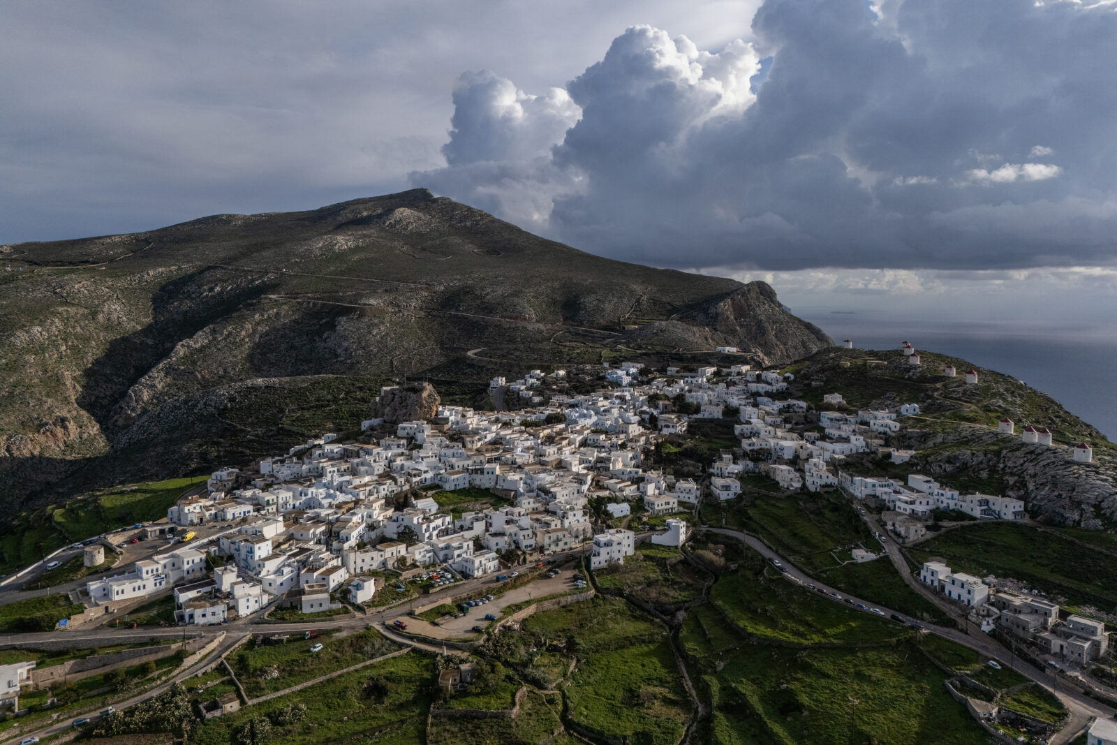 An aerial view shows the main town of Amorgos, on the Greek island of Amorgos, in the Aegean Sea, Feb. 15, 2025. (AFP Photo)