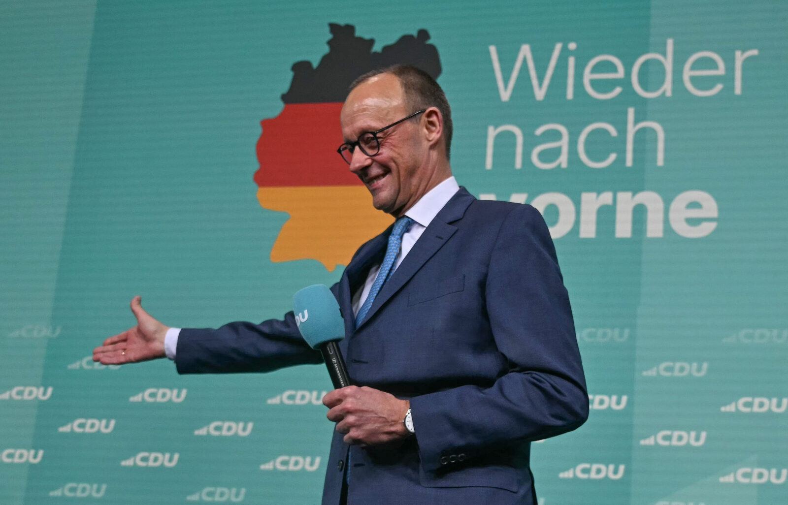 Friedrich Merz, leader of Germany's conservative Christian Democratic Union (CDU) and his party's main candidate for Chancellor addresses supporters after the first exit polls in the German general elections were announced on TV during the electoral evening in Berlin, Germany on February 23, 2025. (Photo via AFP)