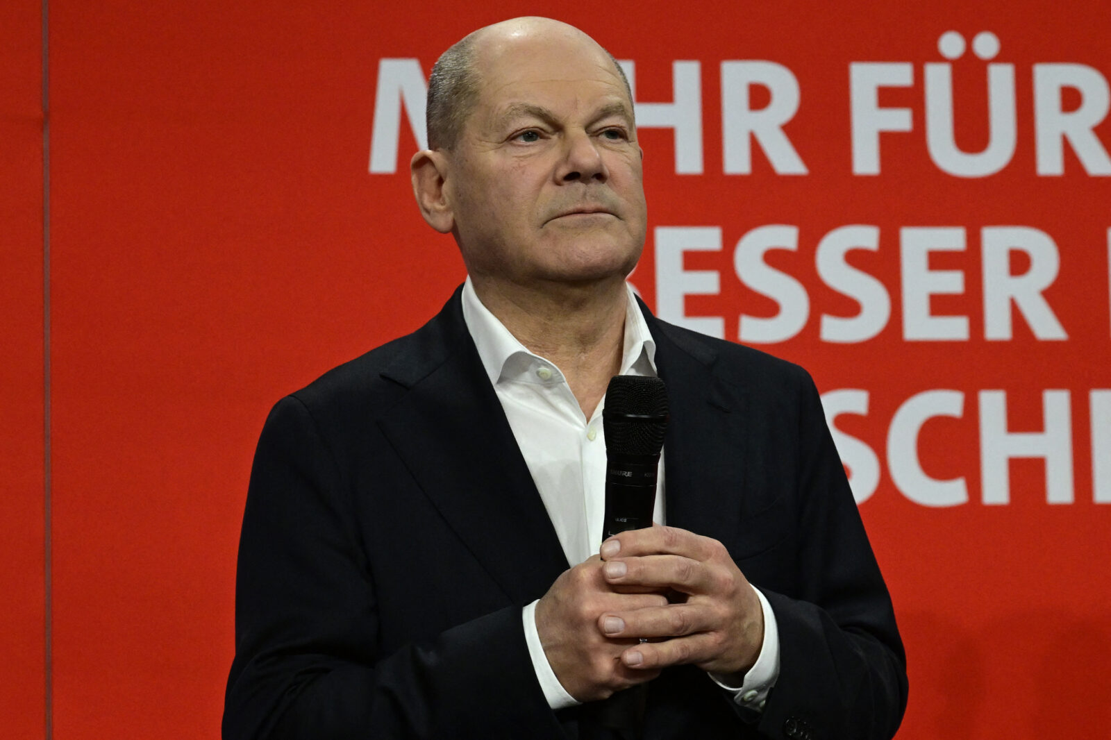 German Chancellor and top candidate of the Social Democratic Party (SPD) Olaf Scholz speaks on stage during an election evening at Germany's Social Democratic Party's headquarters in Berlin on Feb. 23, 2025. (AFP Photo)