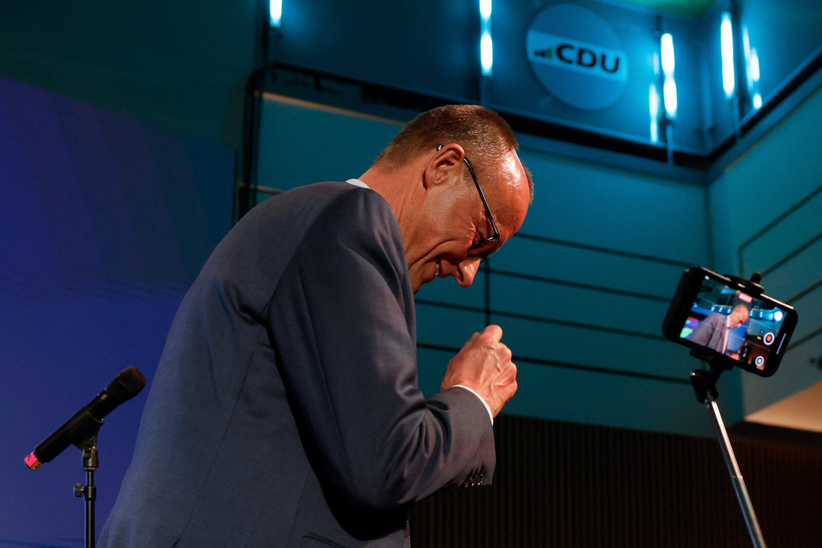 Friedrich Merz, leader of Germany's conservative Christian Democratic Union (CDU) and his party's main candidate for Chancellor smiles as he walks off stage after addressing supporters at the electoral evening in Berlin, Feb. 23, 2025. (AFP Photo)