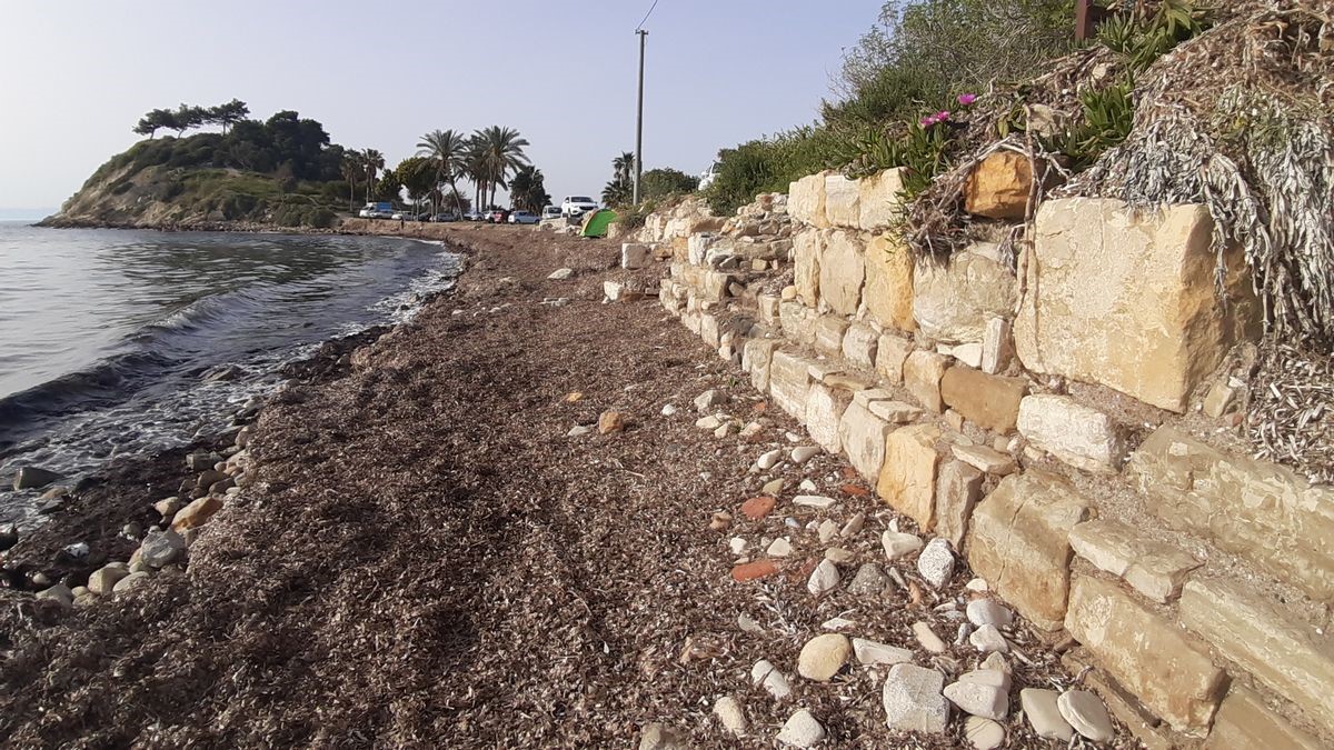 A fragment of a Kouros (Young Man) statue from the Archaic period was found at a Byzantine-era wall in the coastal area of Kusadasi, Aydin, eroded by the waves. Türkiye, Feb. 13, 2025. (IHA Photo)