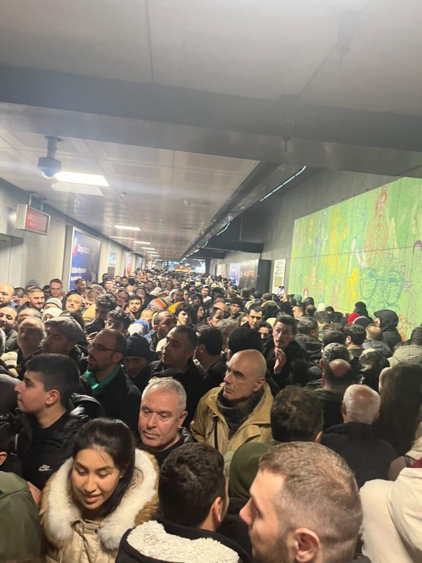 As snowfall that began in the morning intensifies in the evening, it causes extreme congestion on the M2 Yenikapi-Haciosman Metro line, one of the busiest metro network in Istanbul, Türkiye, Feb. 19, 2025. (IHA Photo)