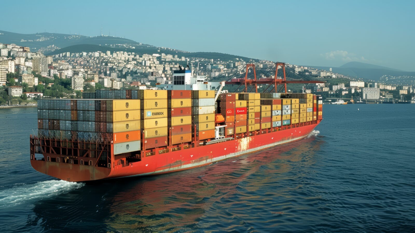 An aerial view of a freight ship with cargo containers is seen in this undated photo, Istanbul, Türkiye (Adobe Stock Photo)