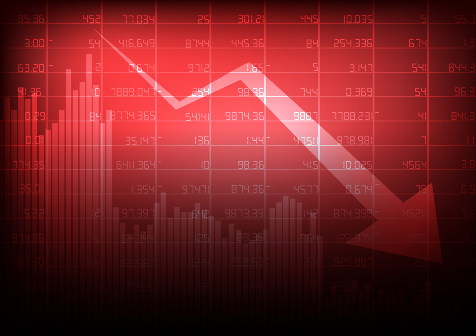 The illustration shows a stock market decline, symbolized by a large red downward arrow overlaid on a financial data chart. (Adobe Stock Photo)
