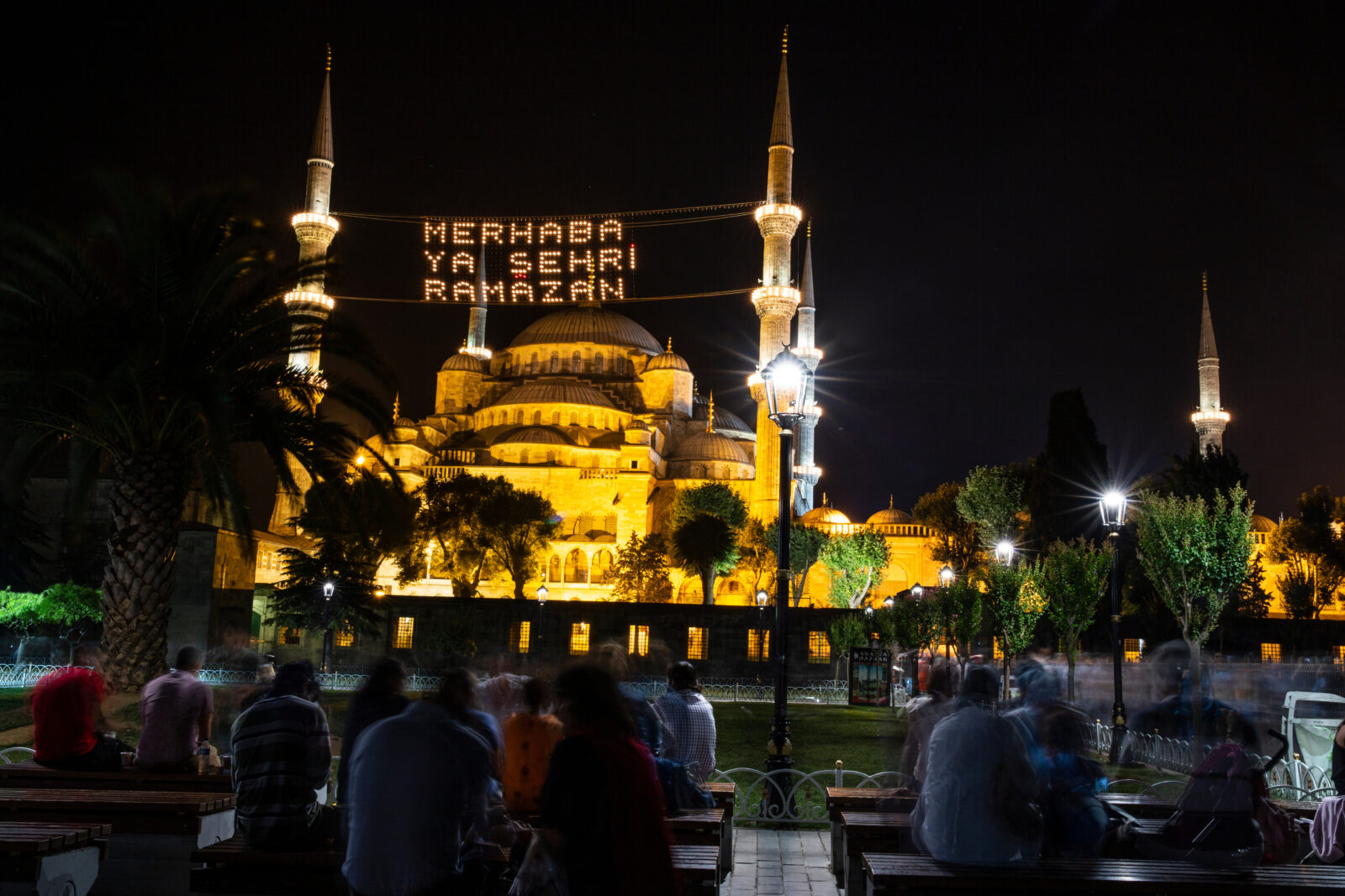 The Blue Mosque glows at night with the Ramadan message 