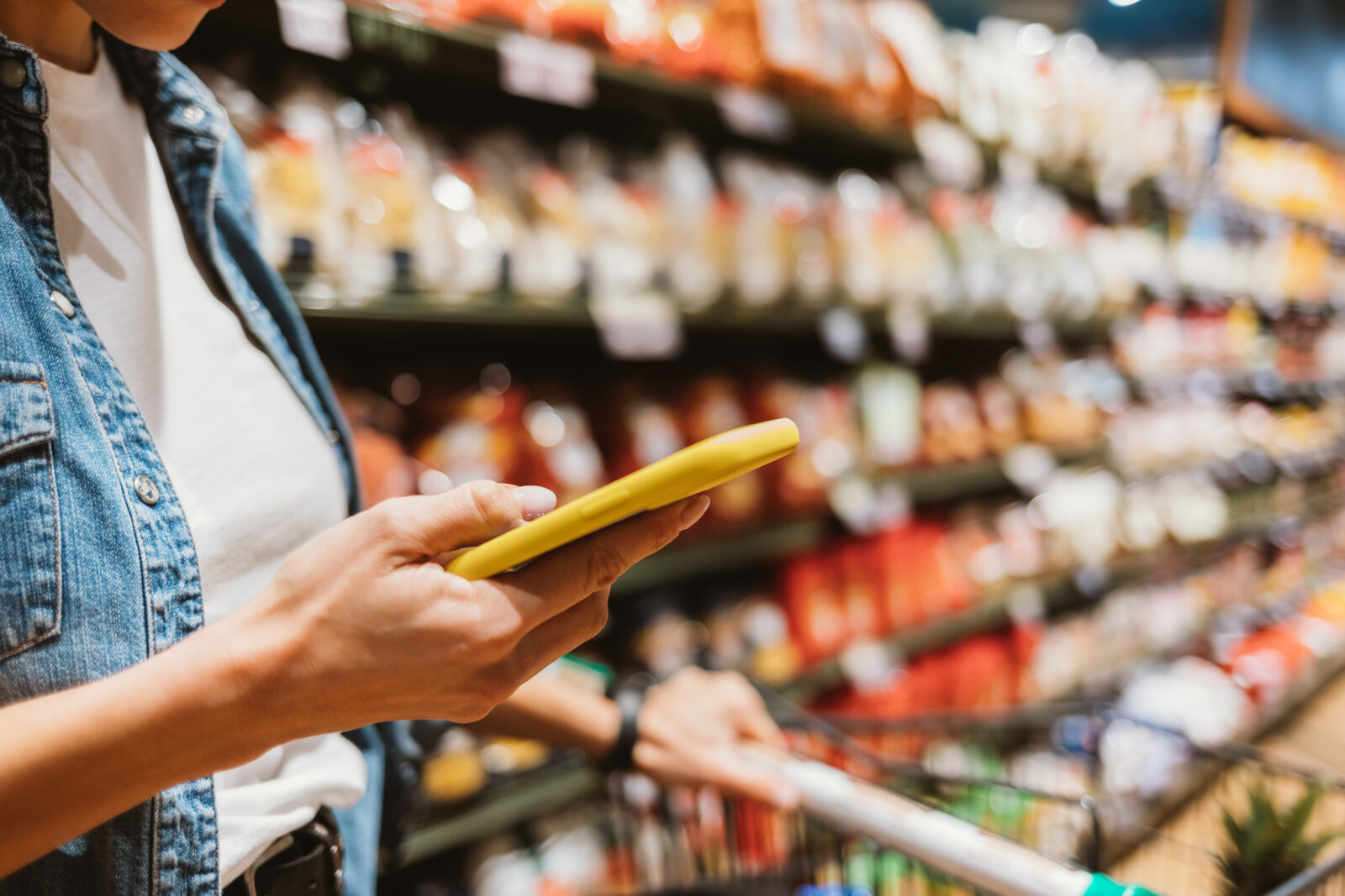 File photo shows a shopper in a supermarket checking their smartphone while pushing a cart. (Adobe Stock Photo)