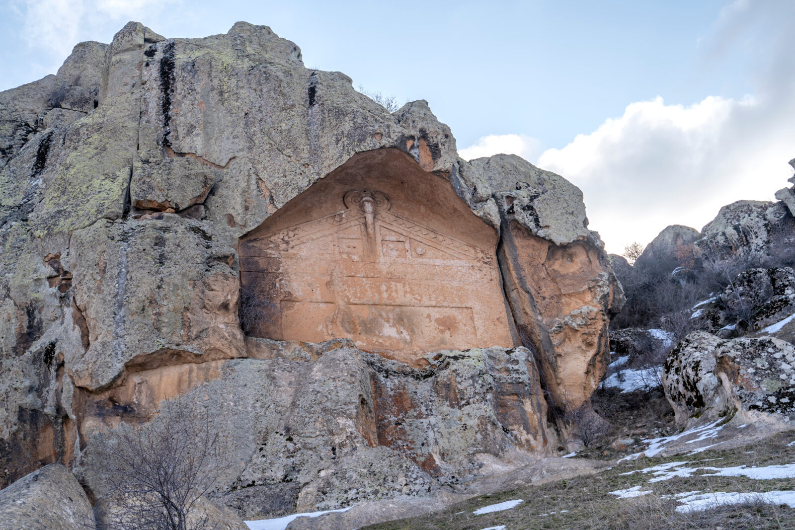 The Midas Monument in Yazilikaya, is a massive rock-cut facade dedicated to Kybele by the Phrygians, Corum, Türkiye. (Adobe Stock Photo)