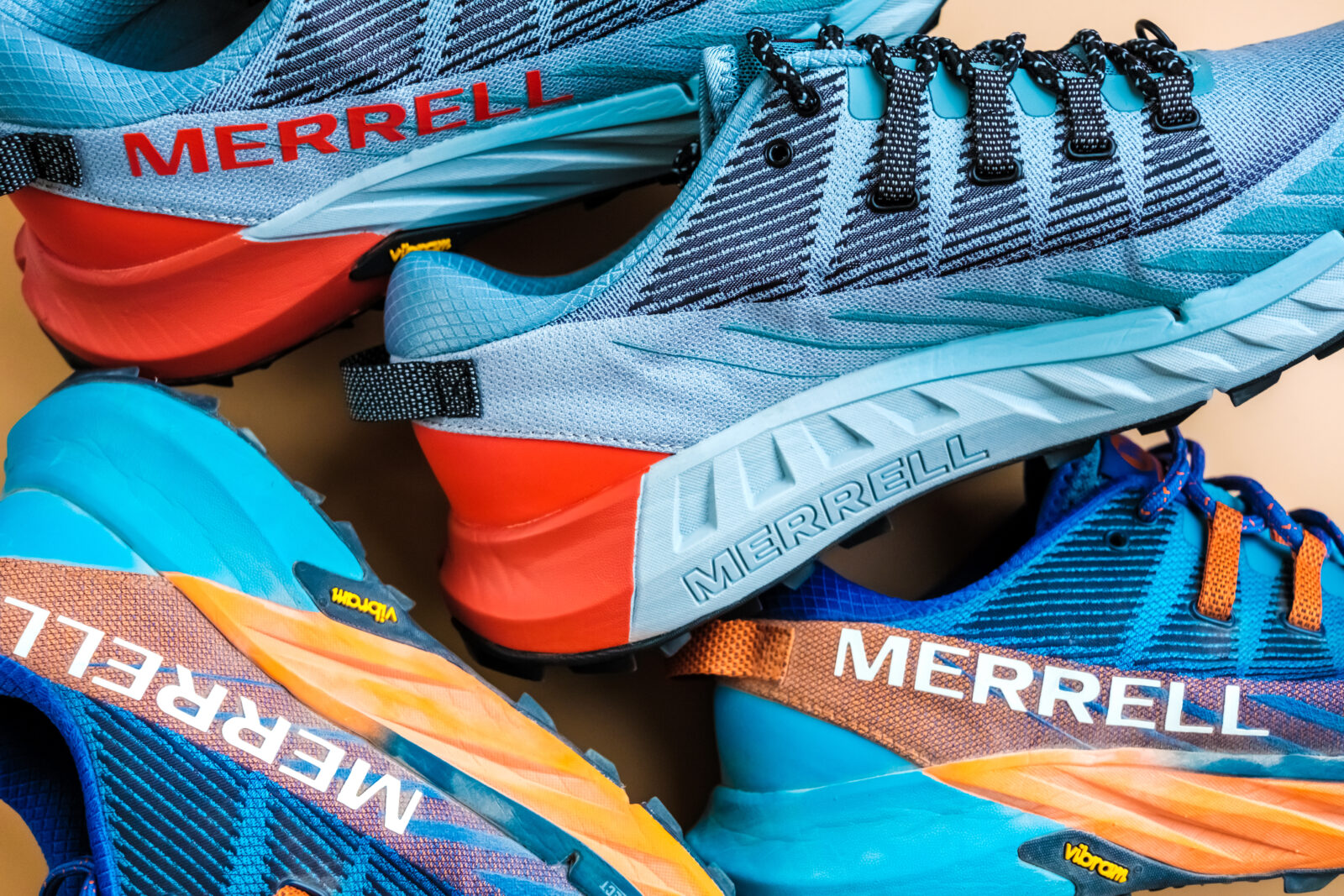 A close-up view of colorful Merrell trail running shoes. (Adobe Stock Photo)
