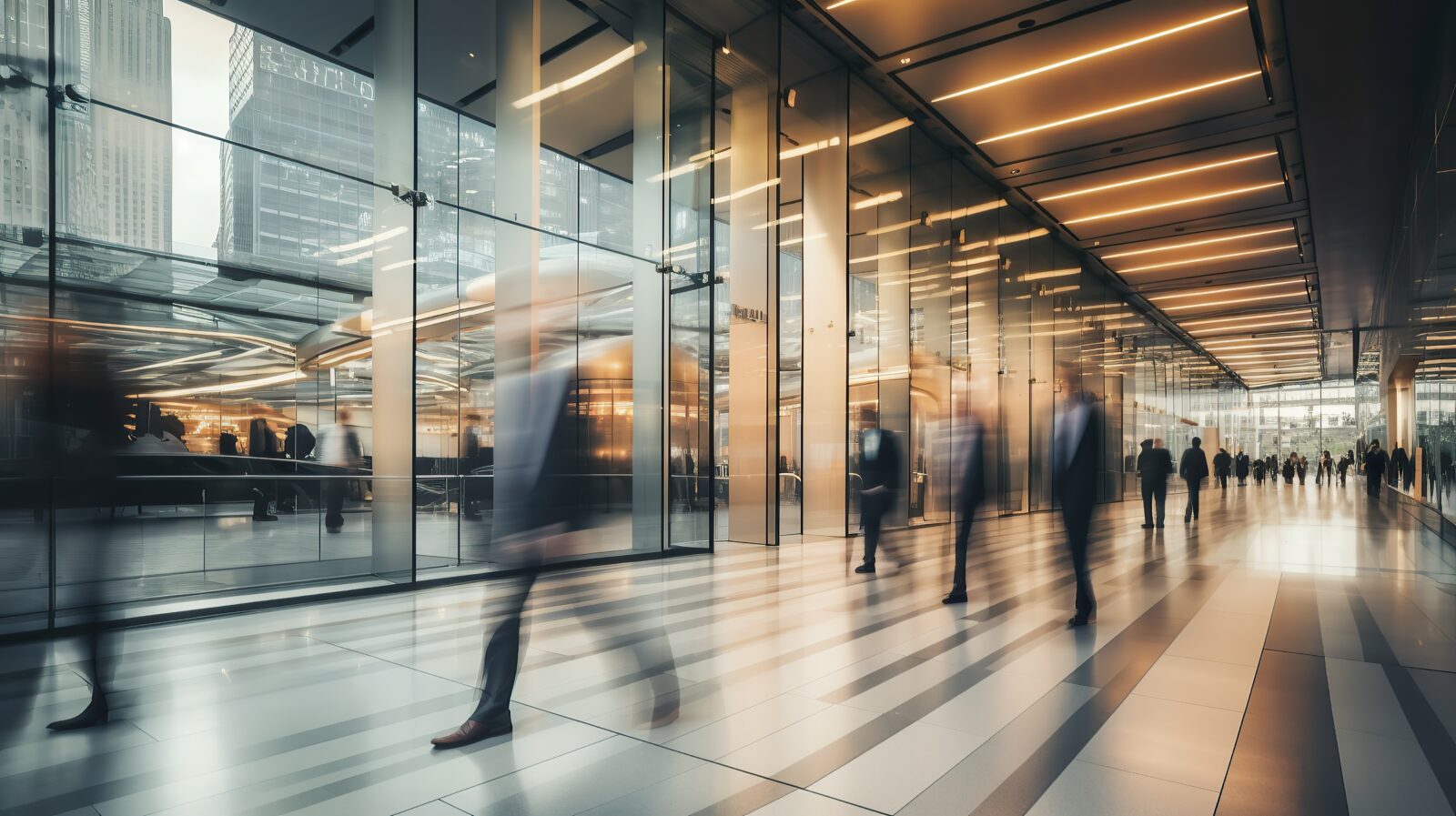 The file photo shows a long-exposure shot of a crowd of business professionals walking through an office lobby, creating a motion blur effect. (Adobe Stock Photo)