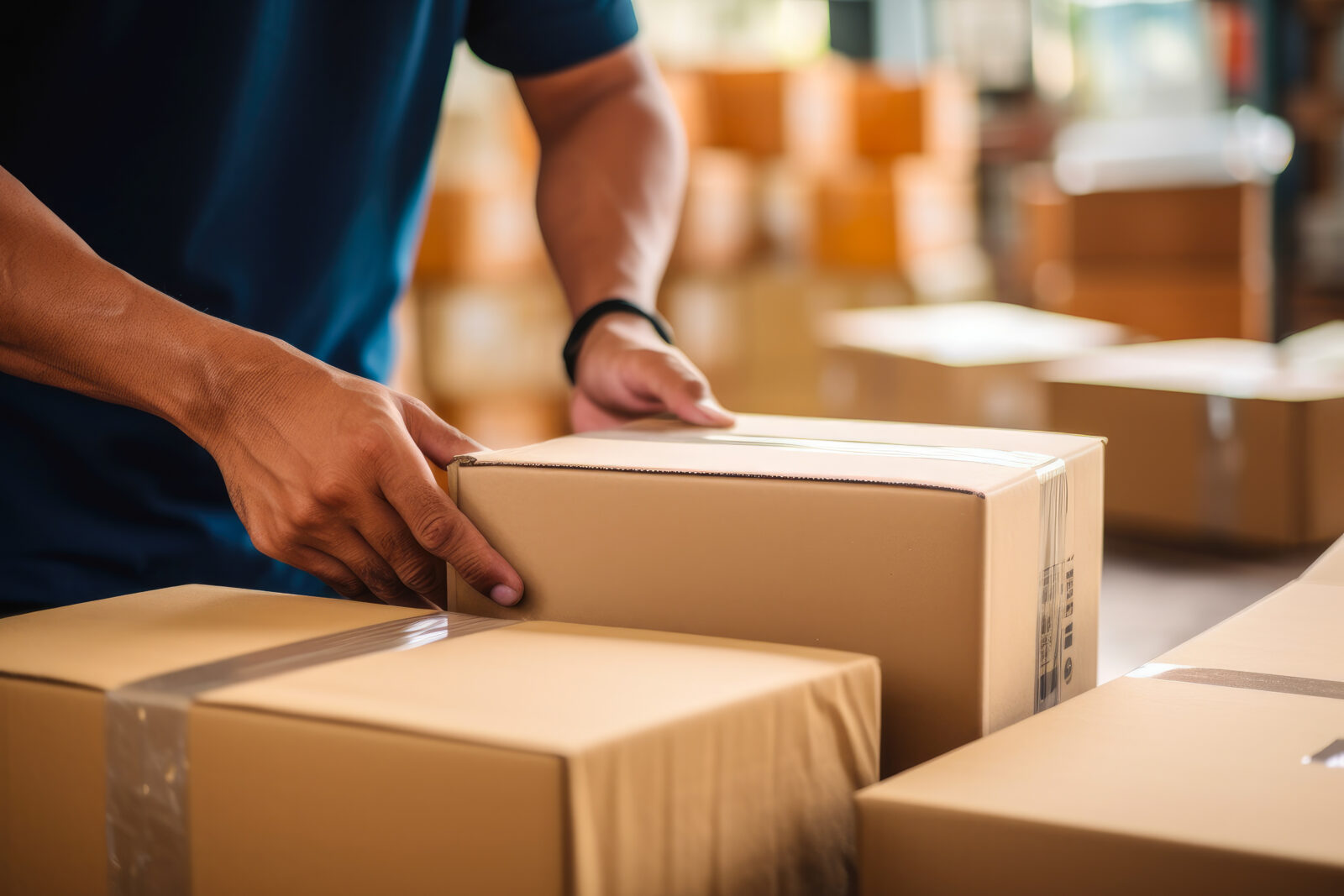 AI-generated image depicts a worker handling cargo packages in a warehouse. (Adobe Stock Photo)