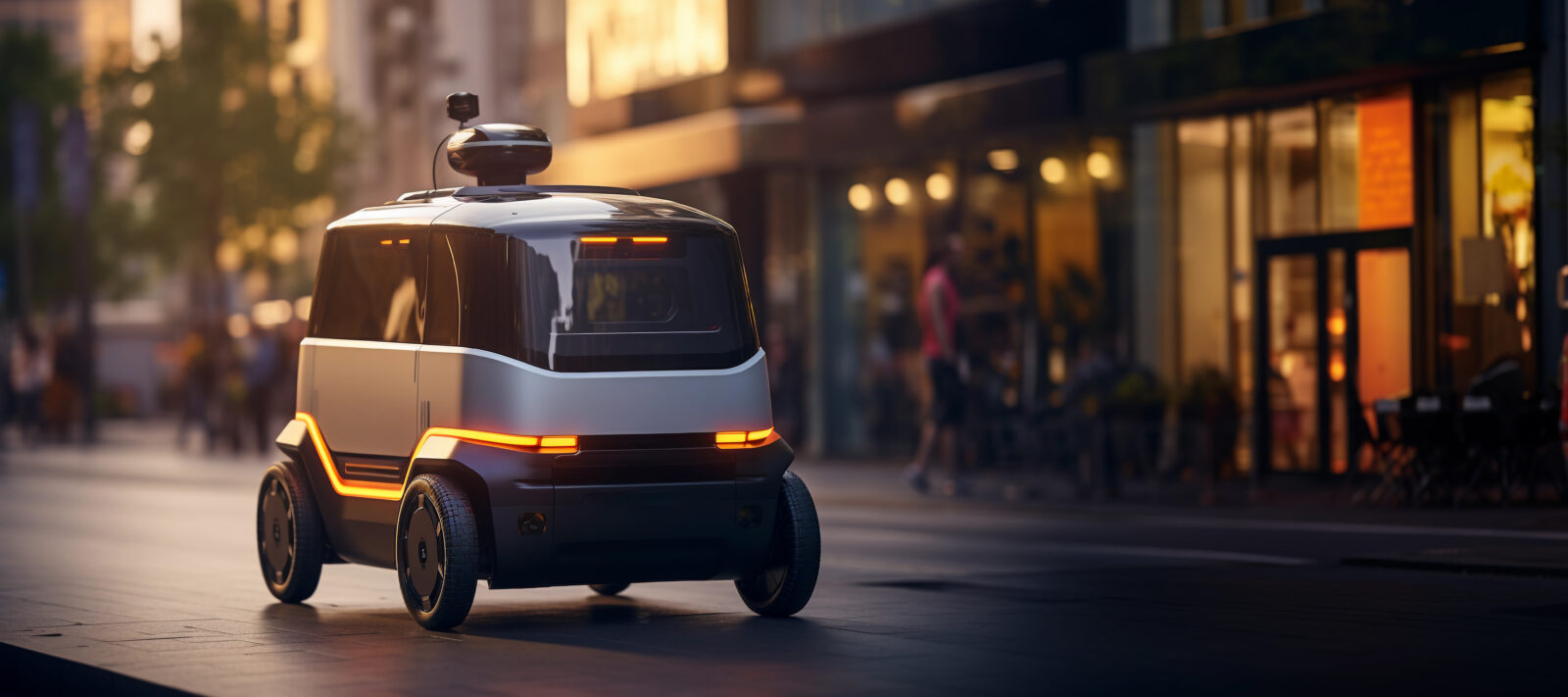 AI-generated image depicts an autonomous delivery vehicle navigating an urban environment. (Adobe Stock Photo)