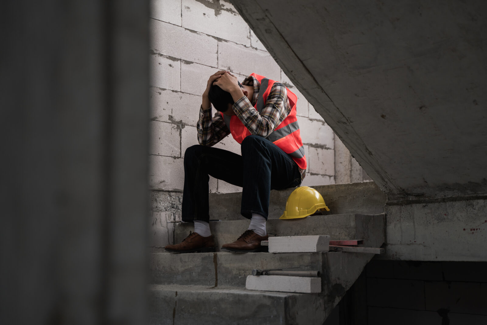 A young construction worker sitting on the floor of a building construction site. (Adobe Stock Photo)