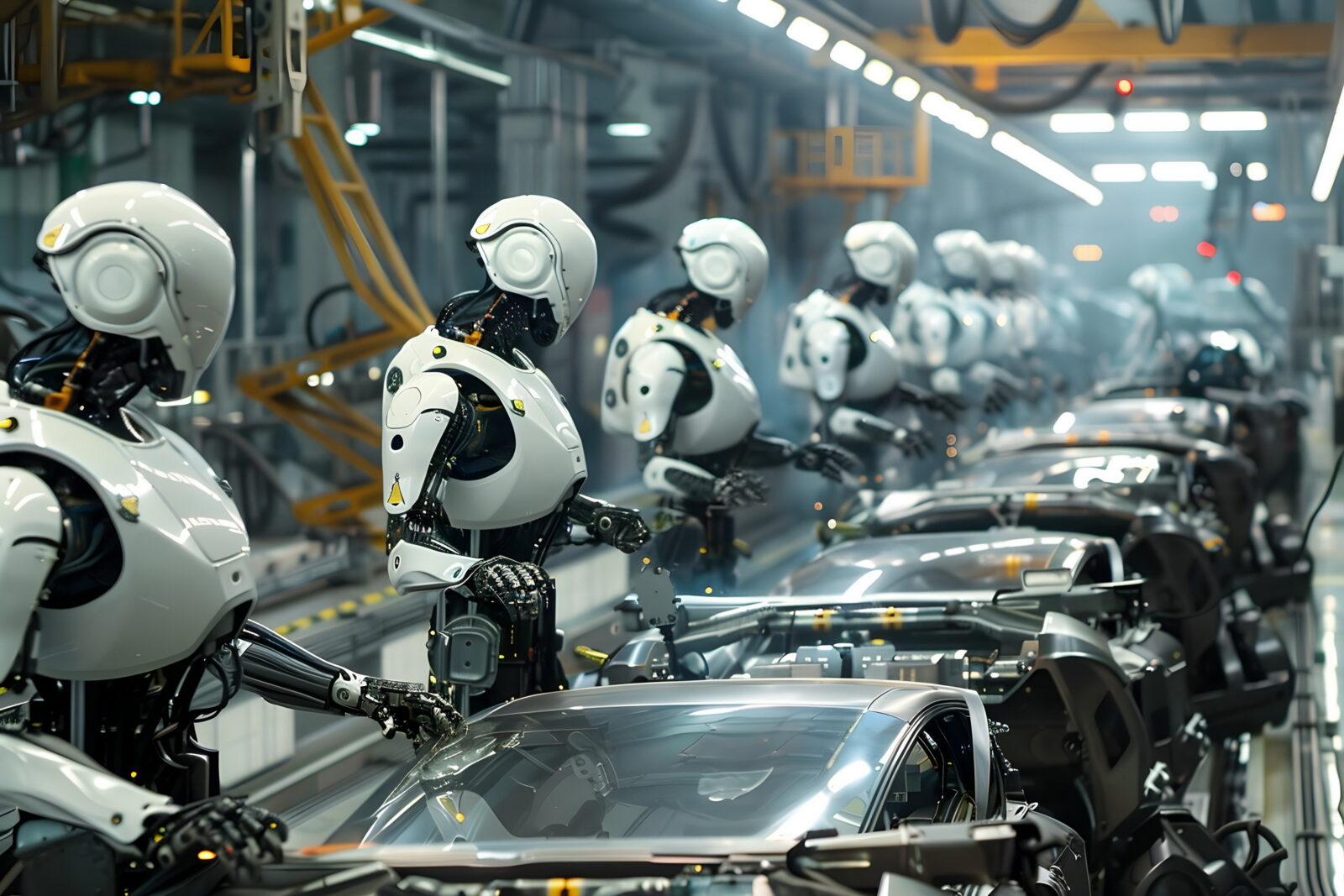 AI-generated image depicts humanoid robots working on an automotive assembly line. (Adobe Stock Photo)