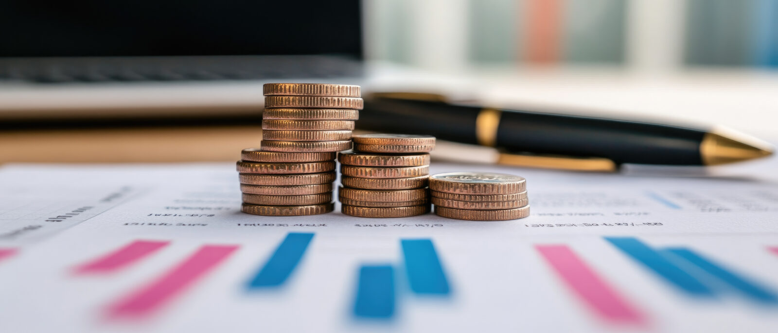 AI-generated image depicts stacks of coins placed on financial documents with bar charts, symbolizing investment. (Adobe Stock Photo)