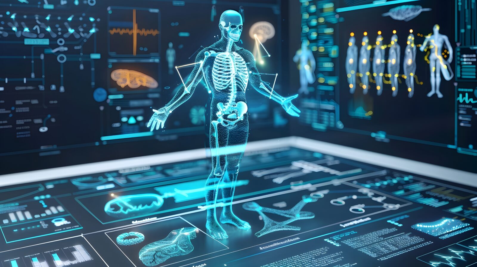 AI-generated image depicts a futuristic digital human hologram, surrounded by advanced medical and biometric data interfaces. (Adobe Stock Photo)