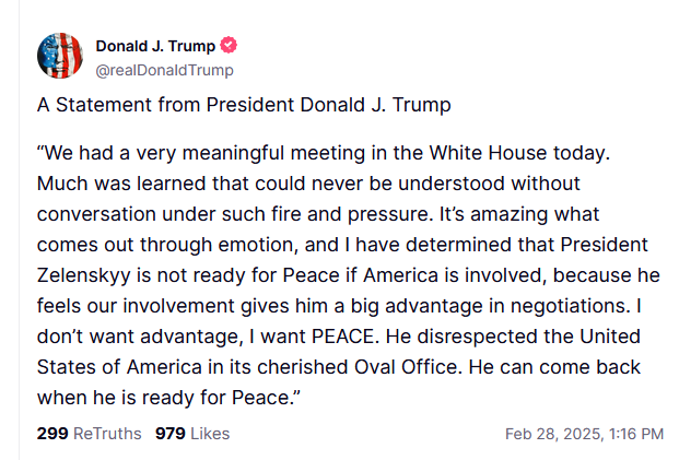 U.S. President Trump's post on Truth Social after the spat with Zelenskyy.